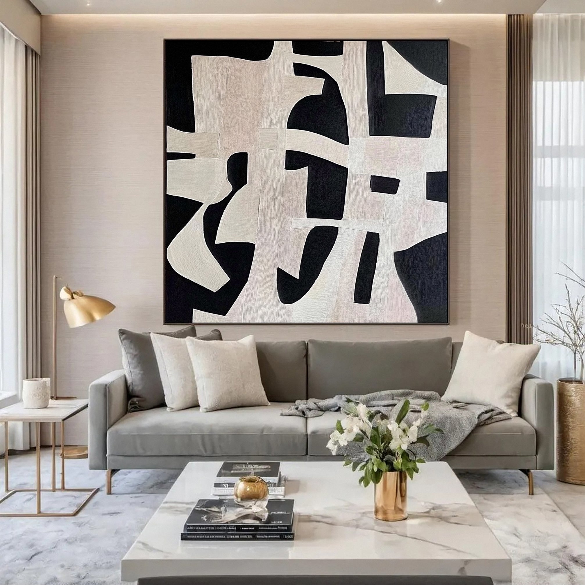 لوحة فنية جدارية هندسية تجريدية باللونين الأبيض والأسود #MM146