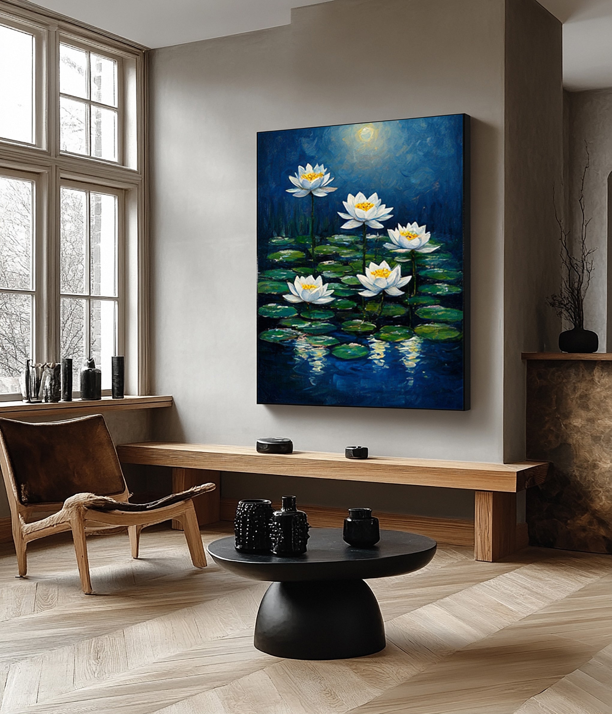 Moonlit Water Lilies: Serene Night Painting with Blooms on Pond #MM644