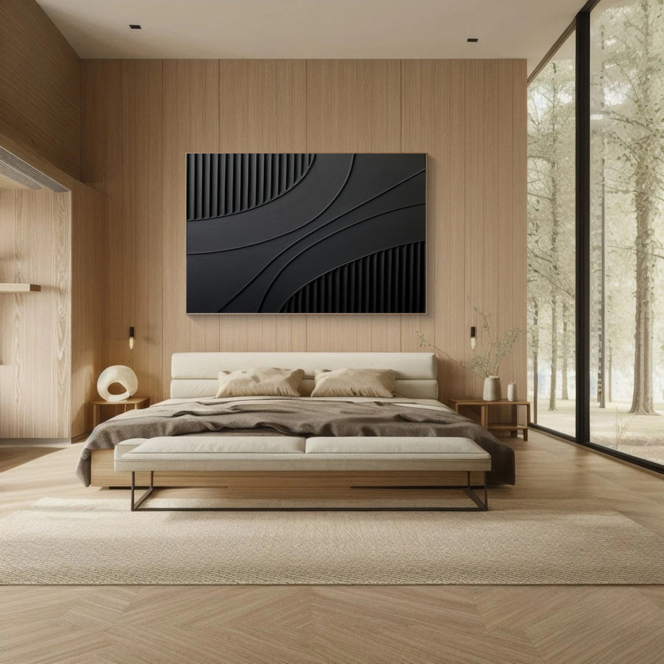 Deep Shadow Contours: Modern Black Art with Textured Bands #MM612