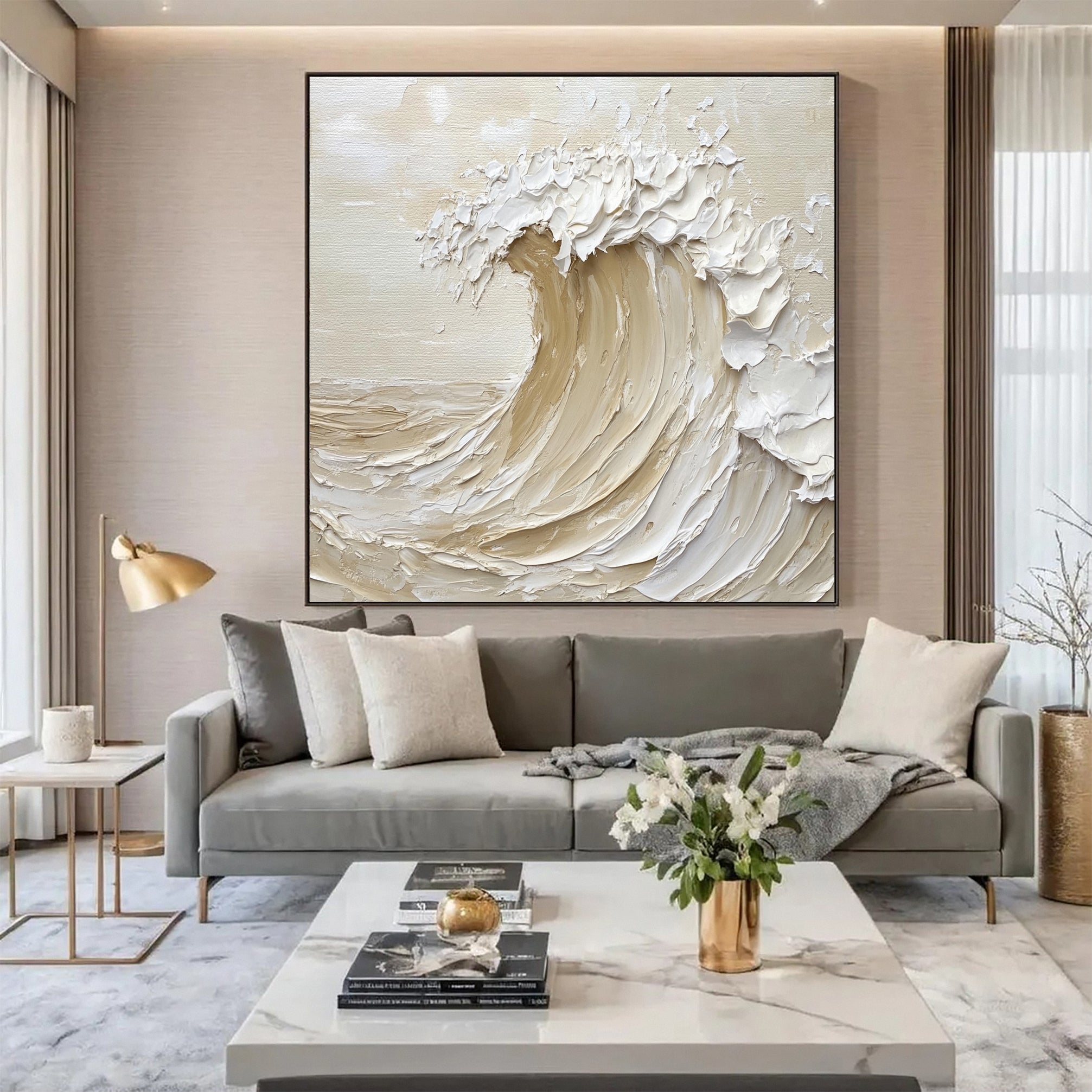 Handcrafted Neutral Wave Art Textured Coastal Canvas #OP046