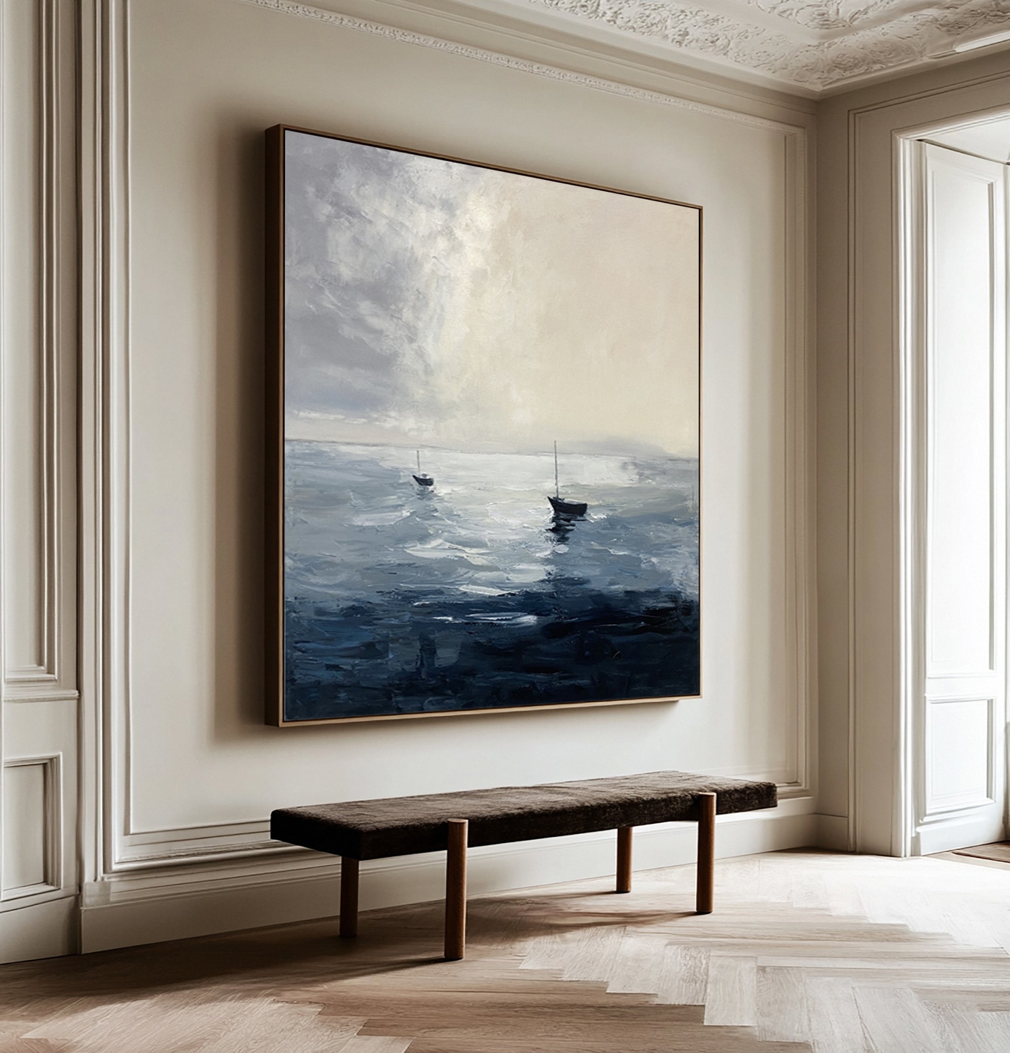 Still Waters, Distant Sails: Minimalist Marine Art with Two Boats #MM647