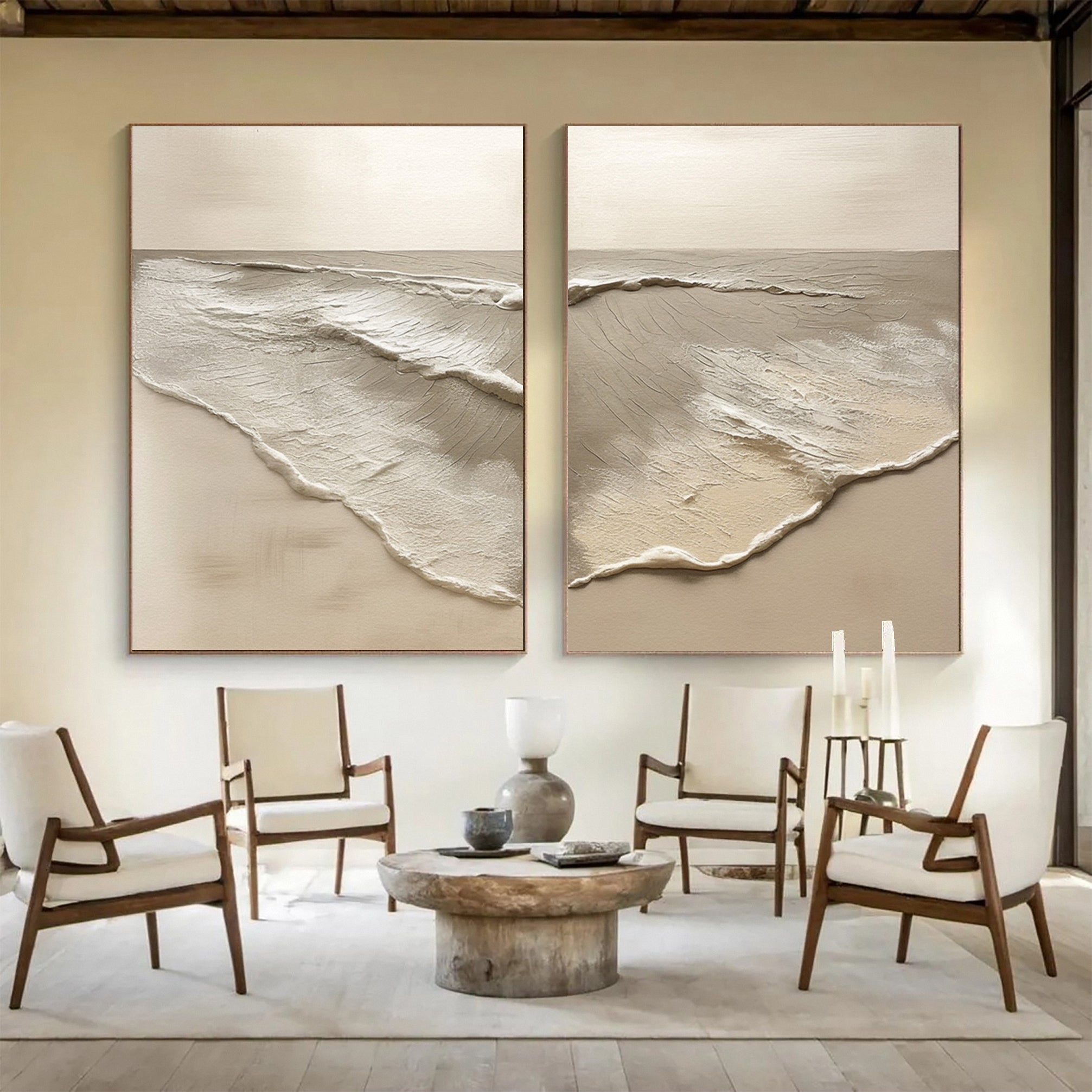 Minimalist Neutral Beach Diptych with Sculpted Water and Sand #MM584