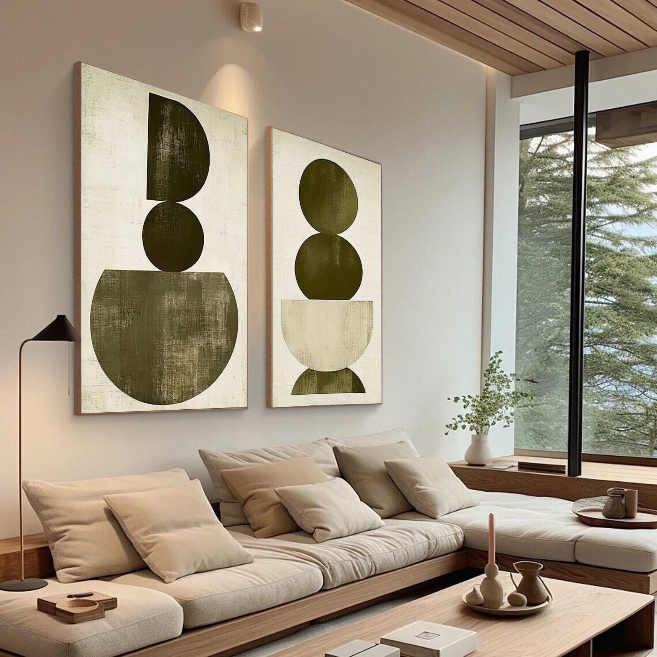 Modern Geometric Diptych Olive Green and Beige Canvas Art #MMS058