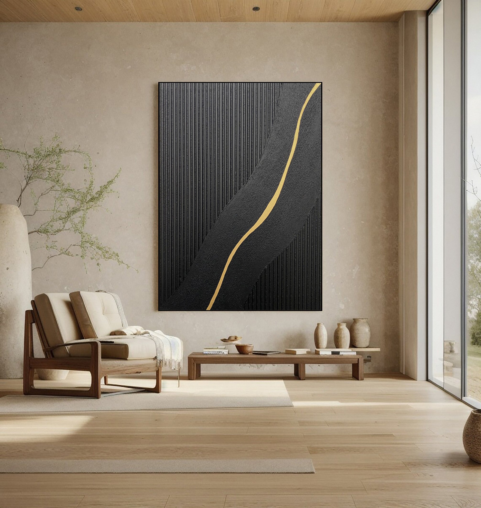 Modern Abstract with Textured Black and Luminous Gold Curve #MM591