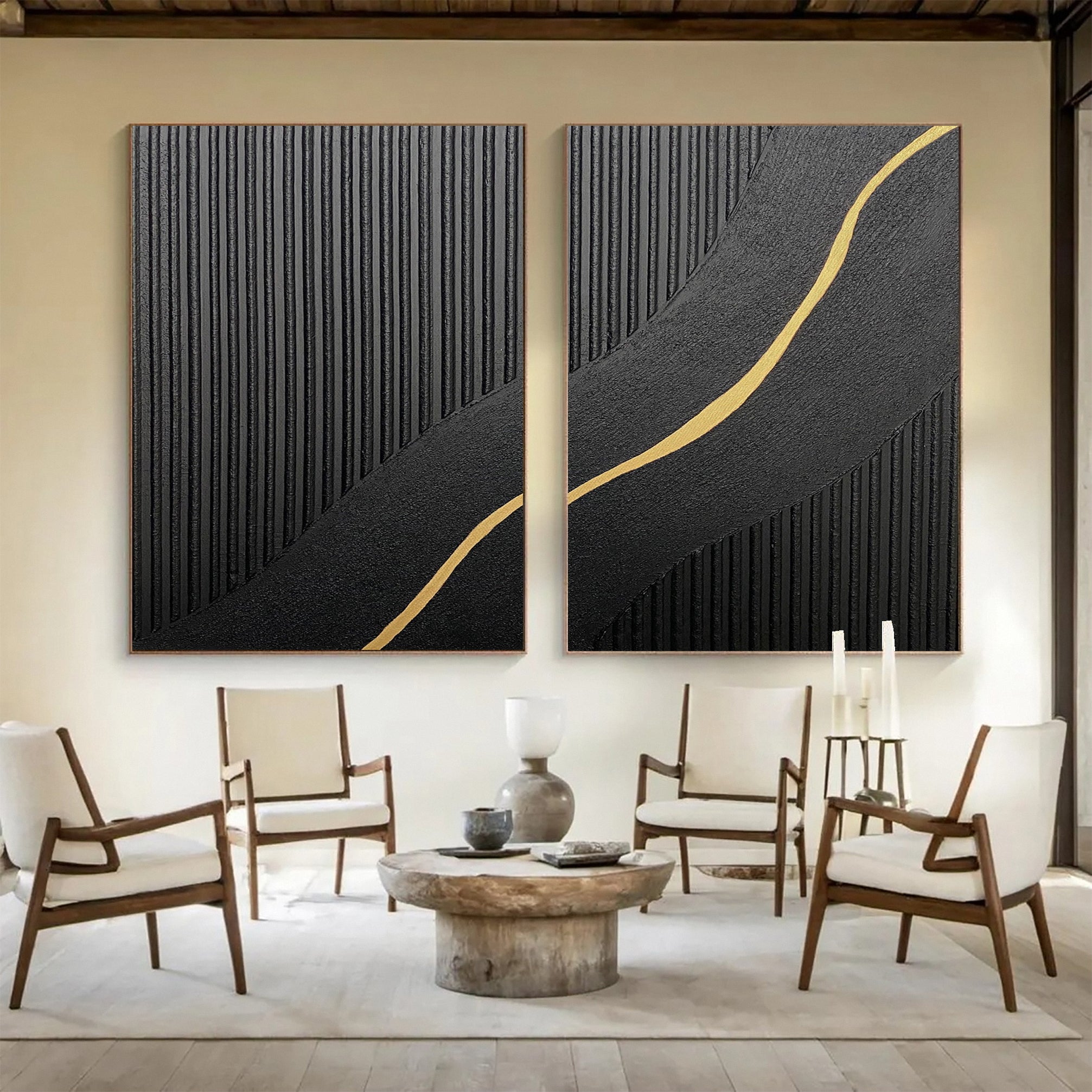 Contemporary Black Impasto Diptych with a Vein of Gold Unfolding #MM593