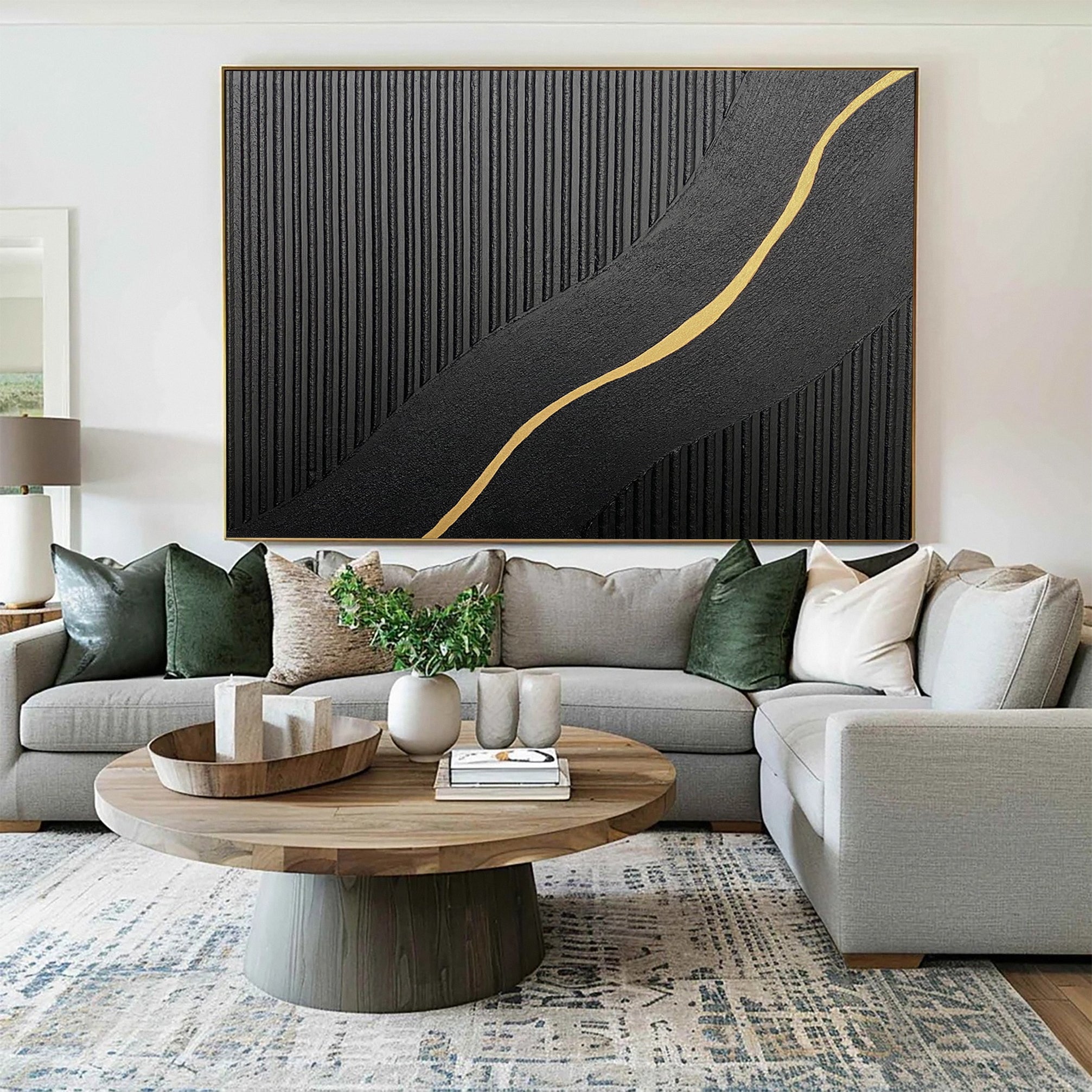 Diagonal Vein: Textured Black Abstract with Slanting Gold Inlay #MM592
