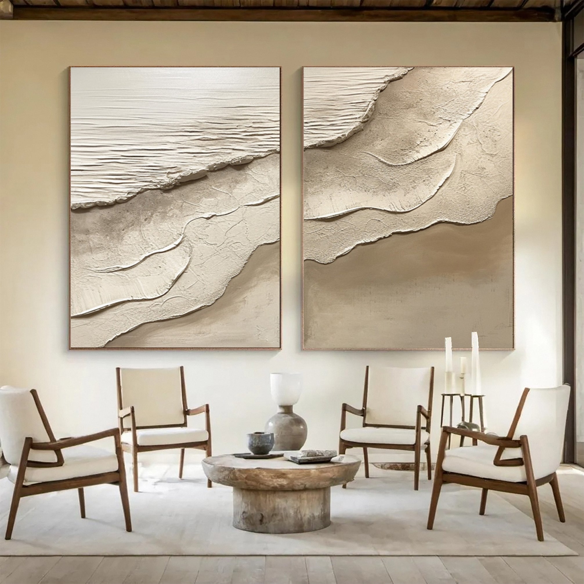Sand & Tide: Modern Abstract Beach Pair in Neutral Impasto #MM581