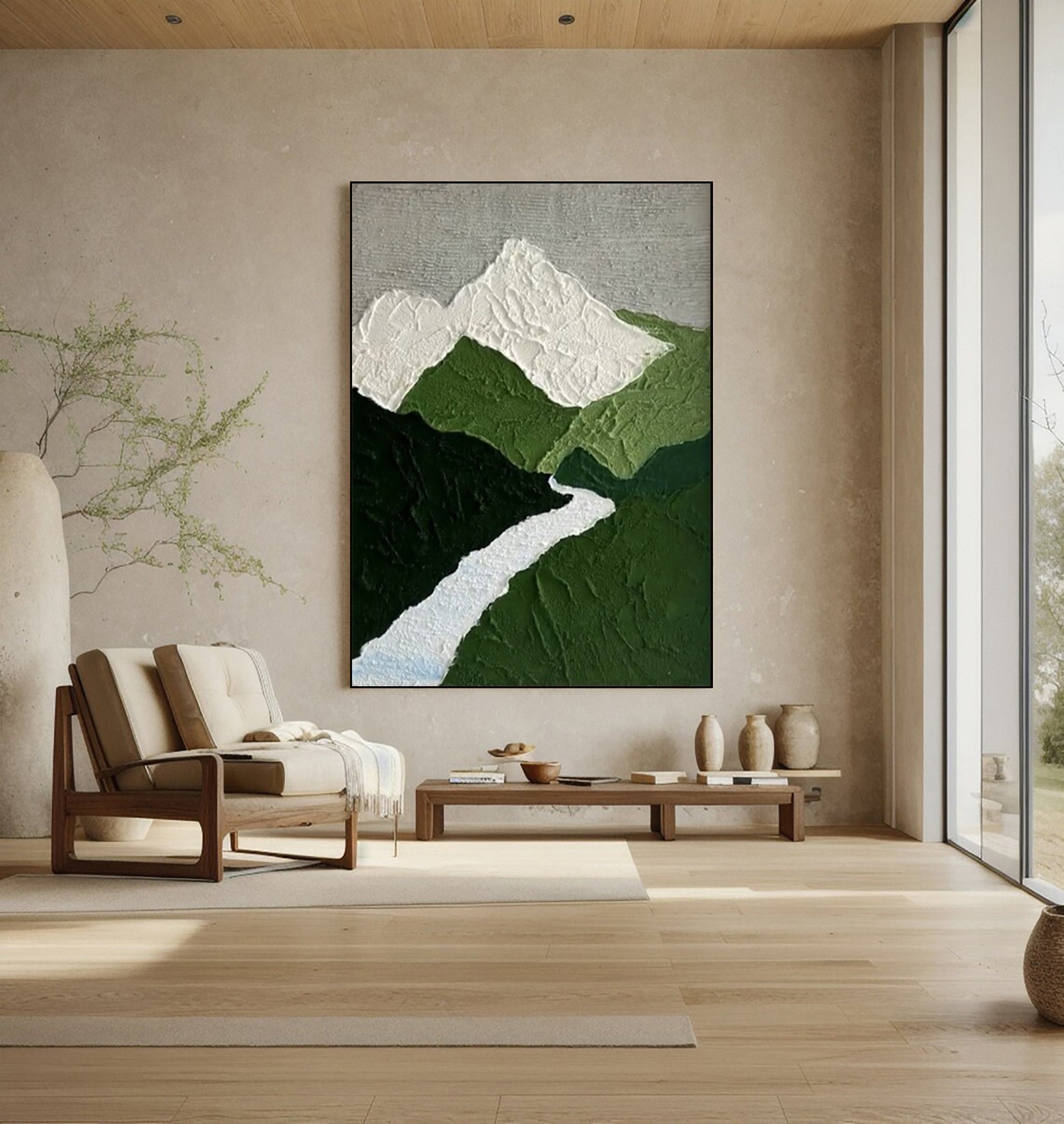 Textured Mountain River: Minimalist Landscape Art with Peaks #MM639