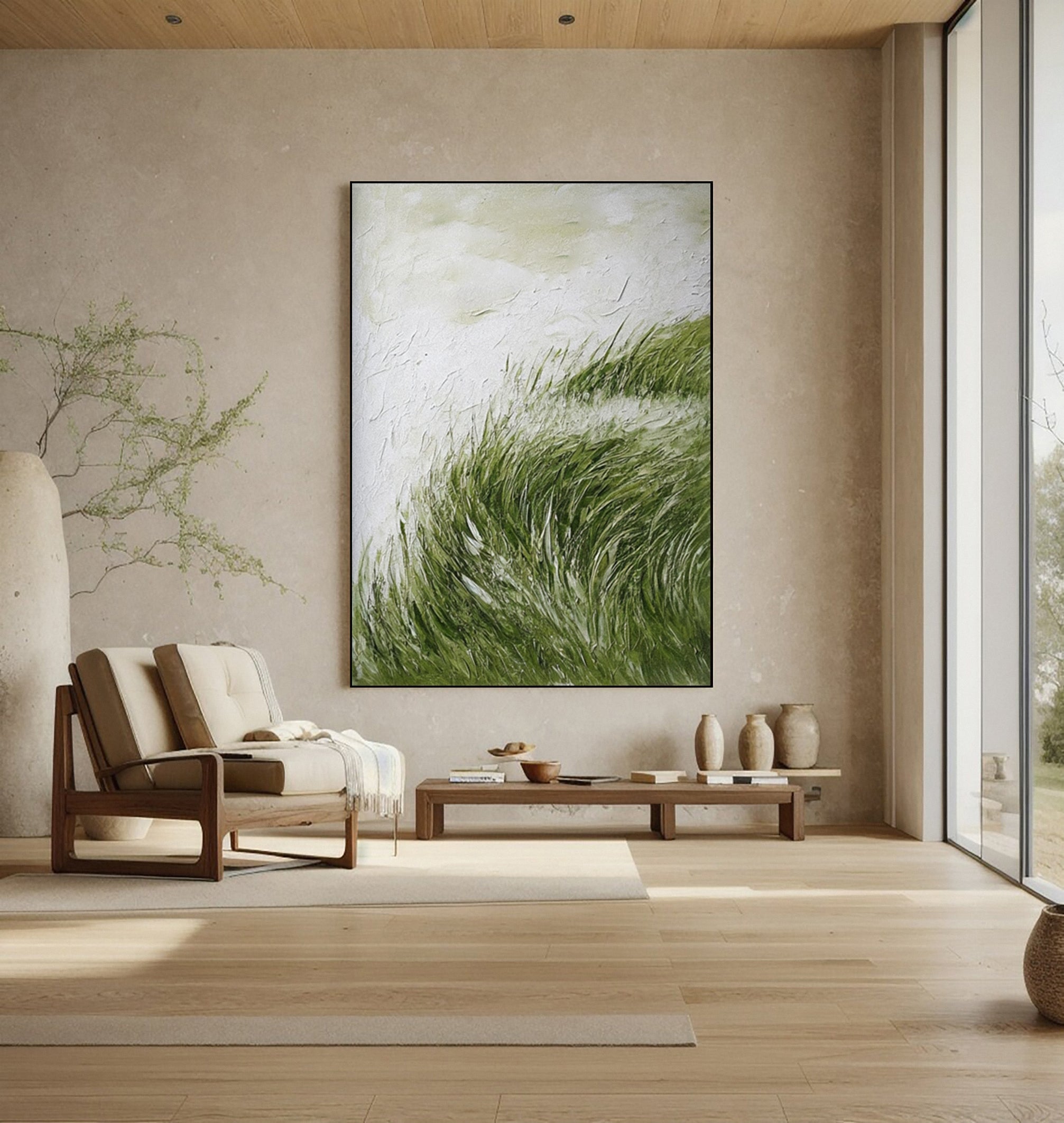 Textured Windswept Grass: Contemporary Art with Dynamic Green #MM642