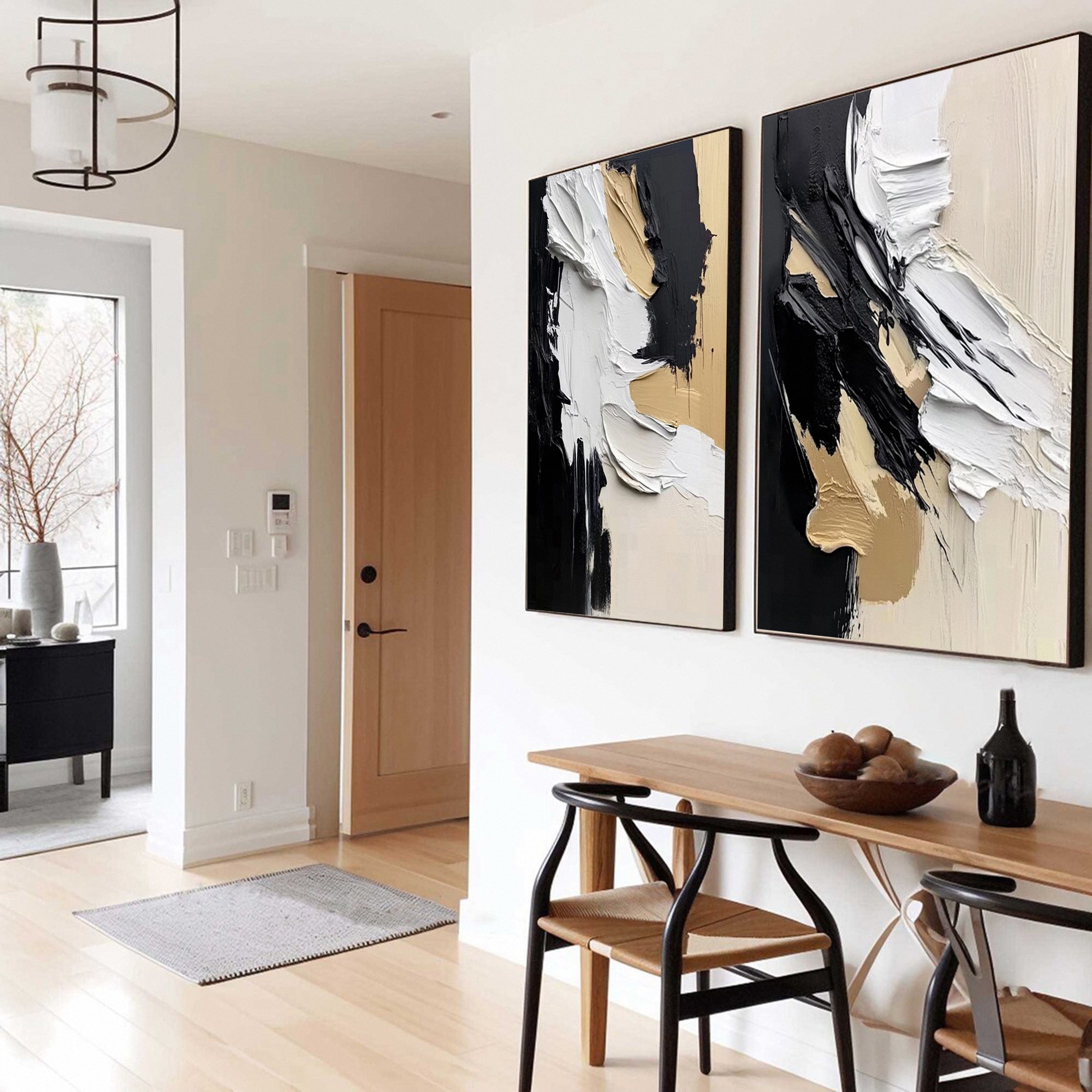 لوحة فنية جدارية حديثة تجريدية من القماش باللونين الأسود والبيج، ثنائية الطبقات، رقم #MMS055