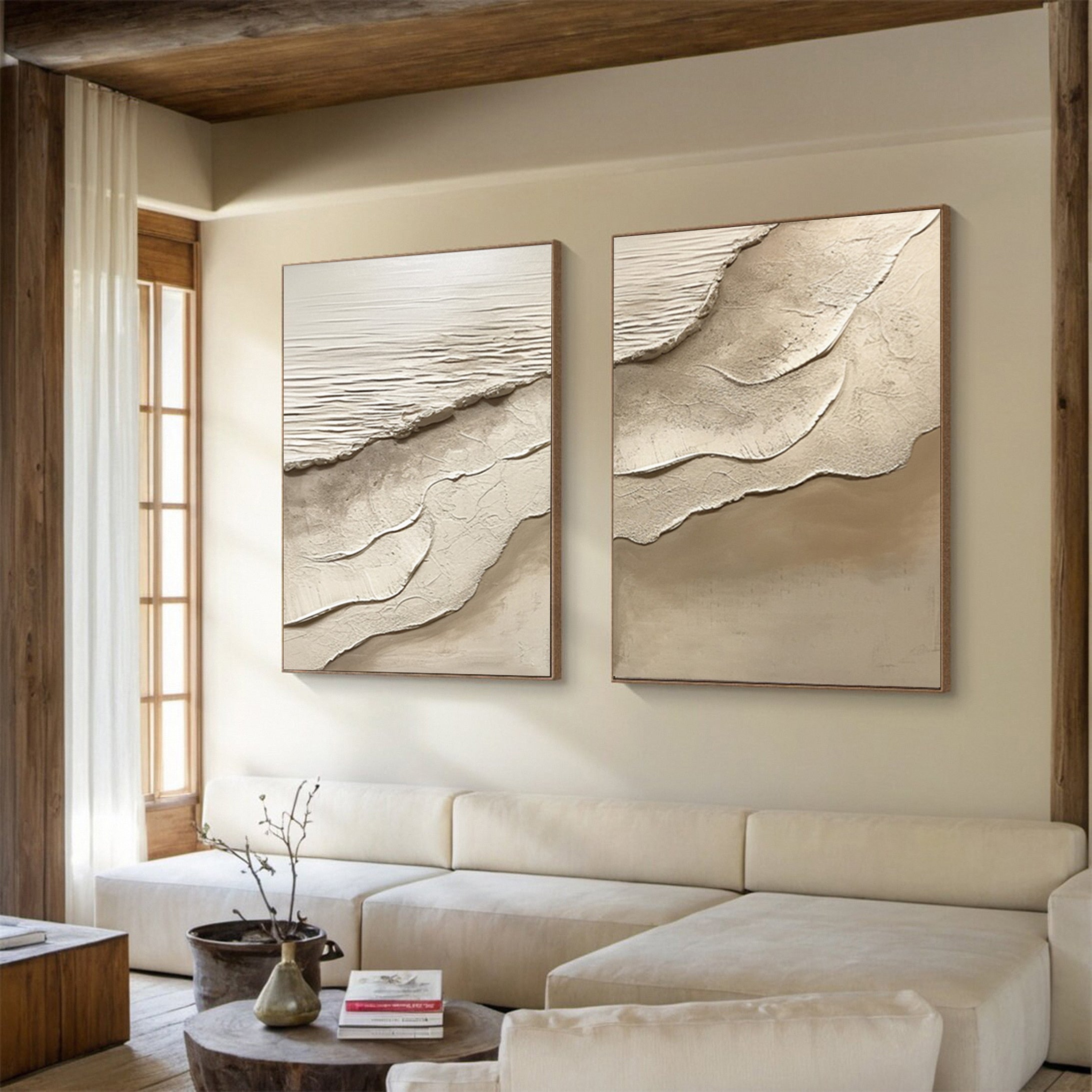 Sand & Tide: Modern Abstract Beach Pair in Neutral Impasto #MM581