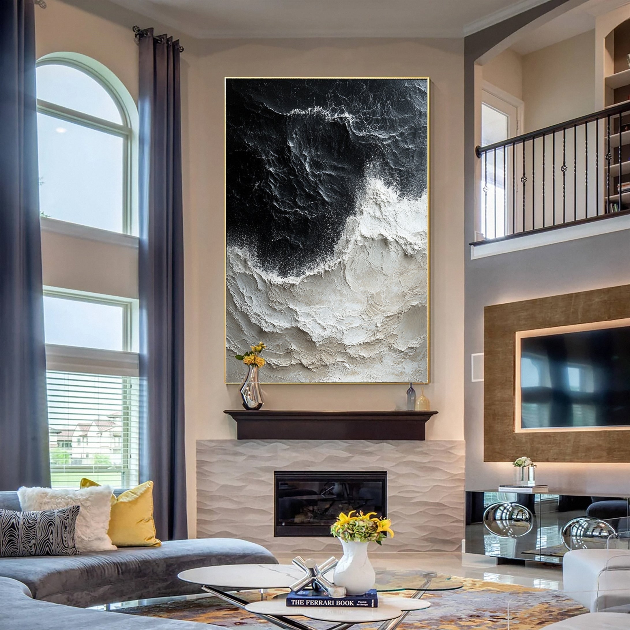 Abstract Black and Beige Wall Art Textured Ocean Canvas Decor #OP040