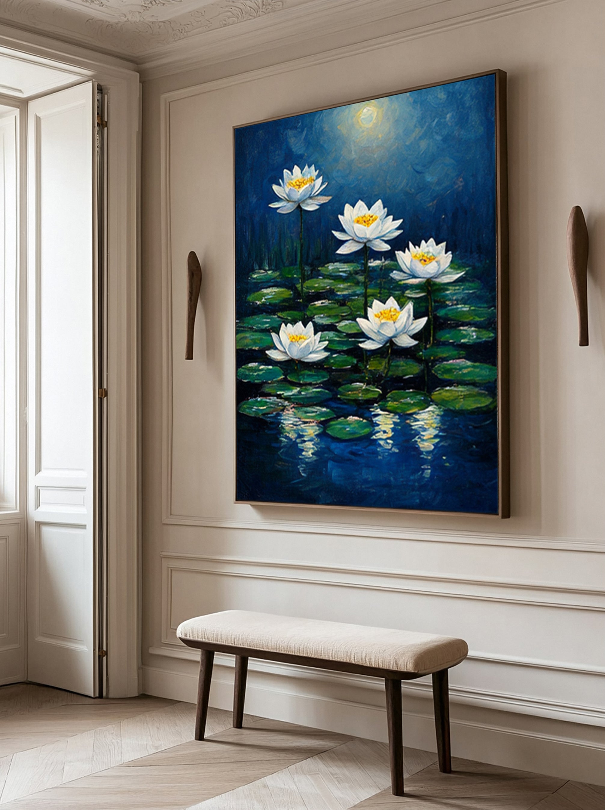 Moonlit Water Lilies: Serene Night Painting with Blooms on Pond #MM644