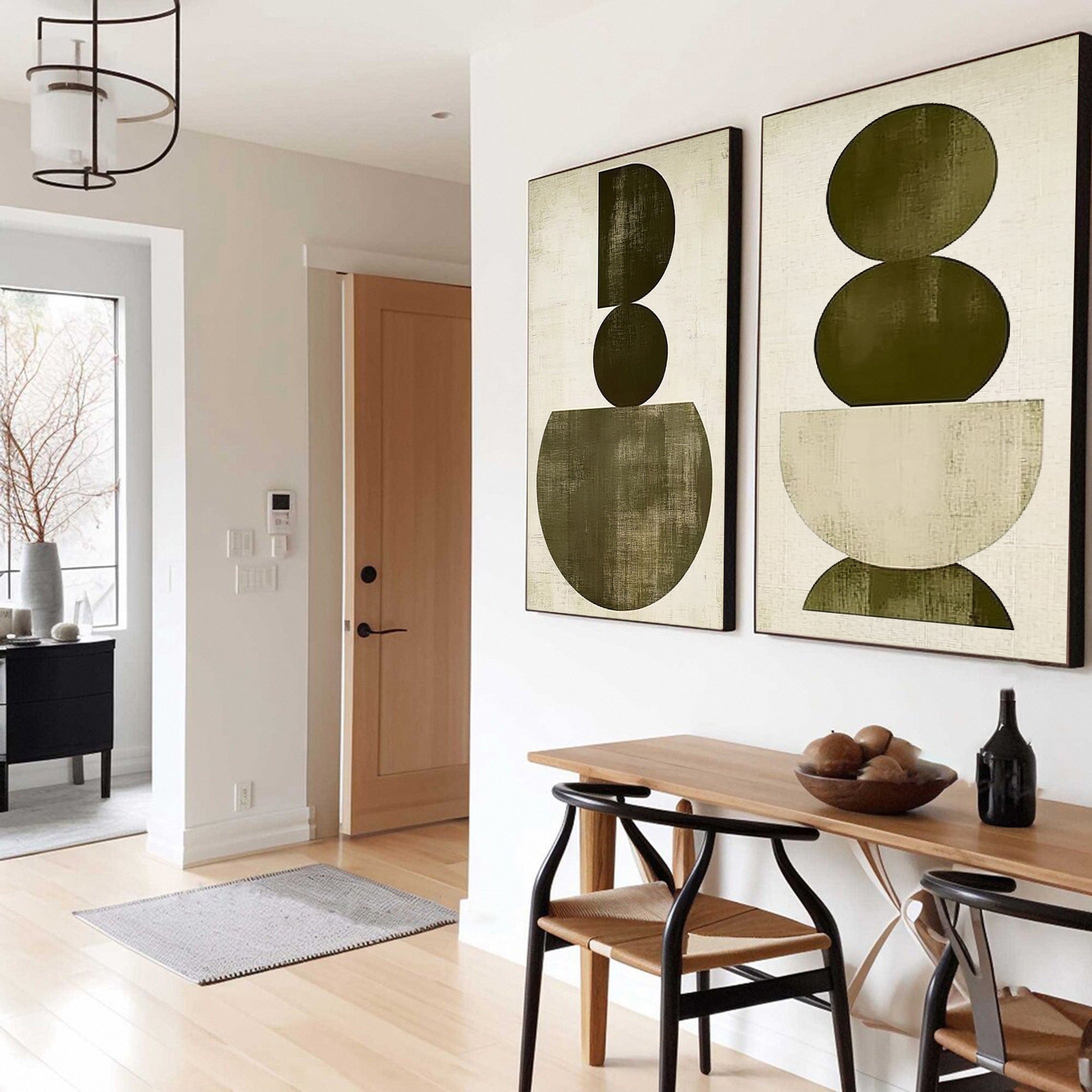 Modern Geometric Diptych Olive Green and Beige Canvas Art #MMS058