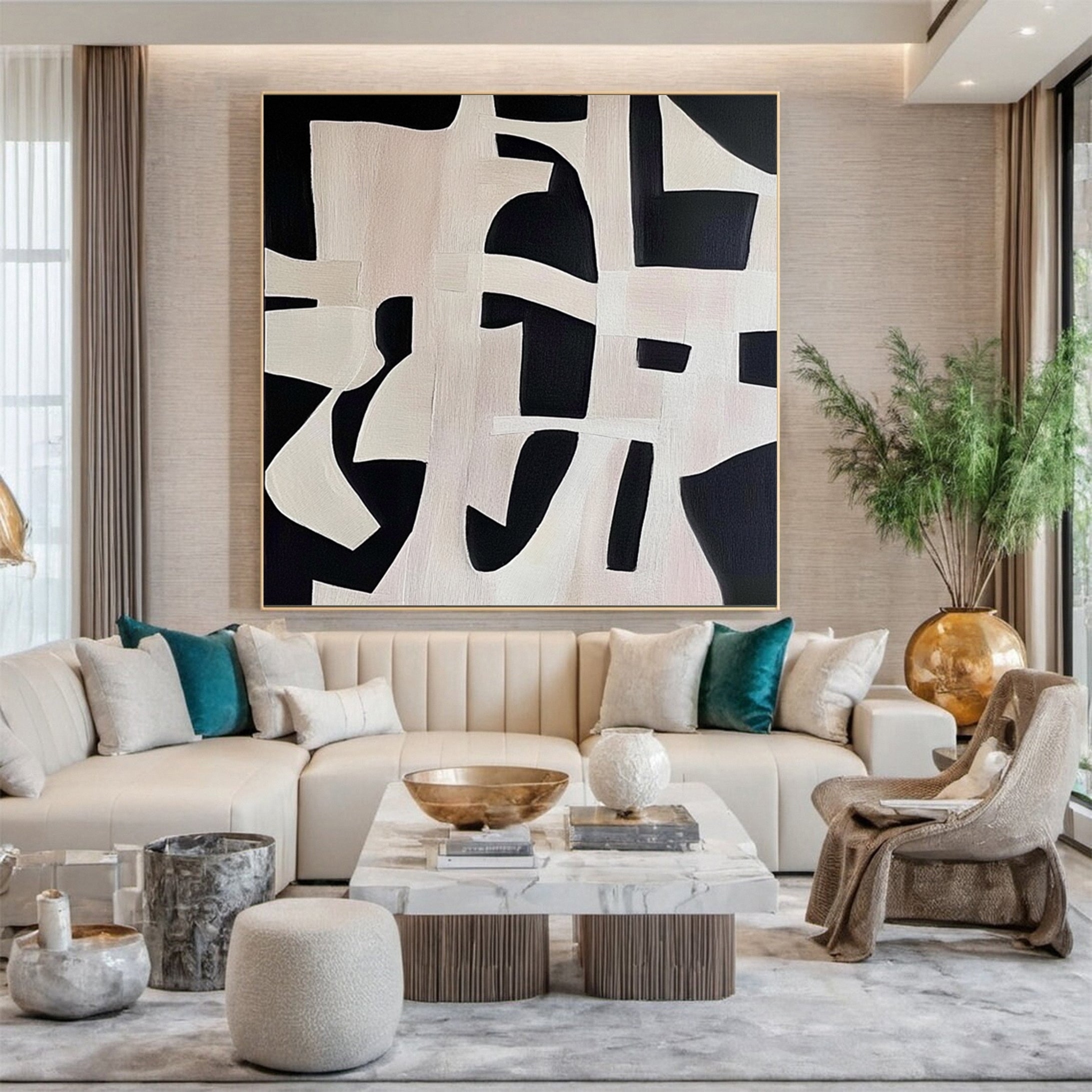 لوحة فنية جدارية هندسية تجريدية باللونين الأبيض والأسود #MM146