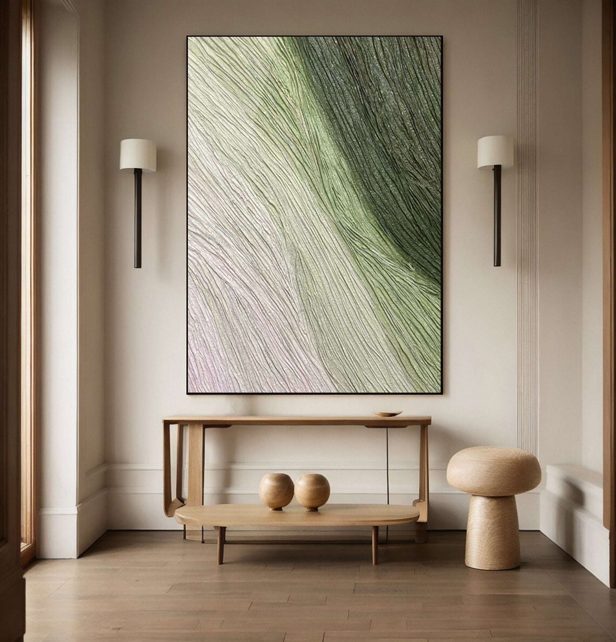 Contemporary Abstract Art with Gentle Green and Neutral Lines #MM633