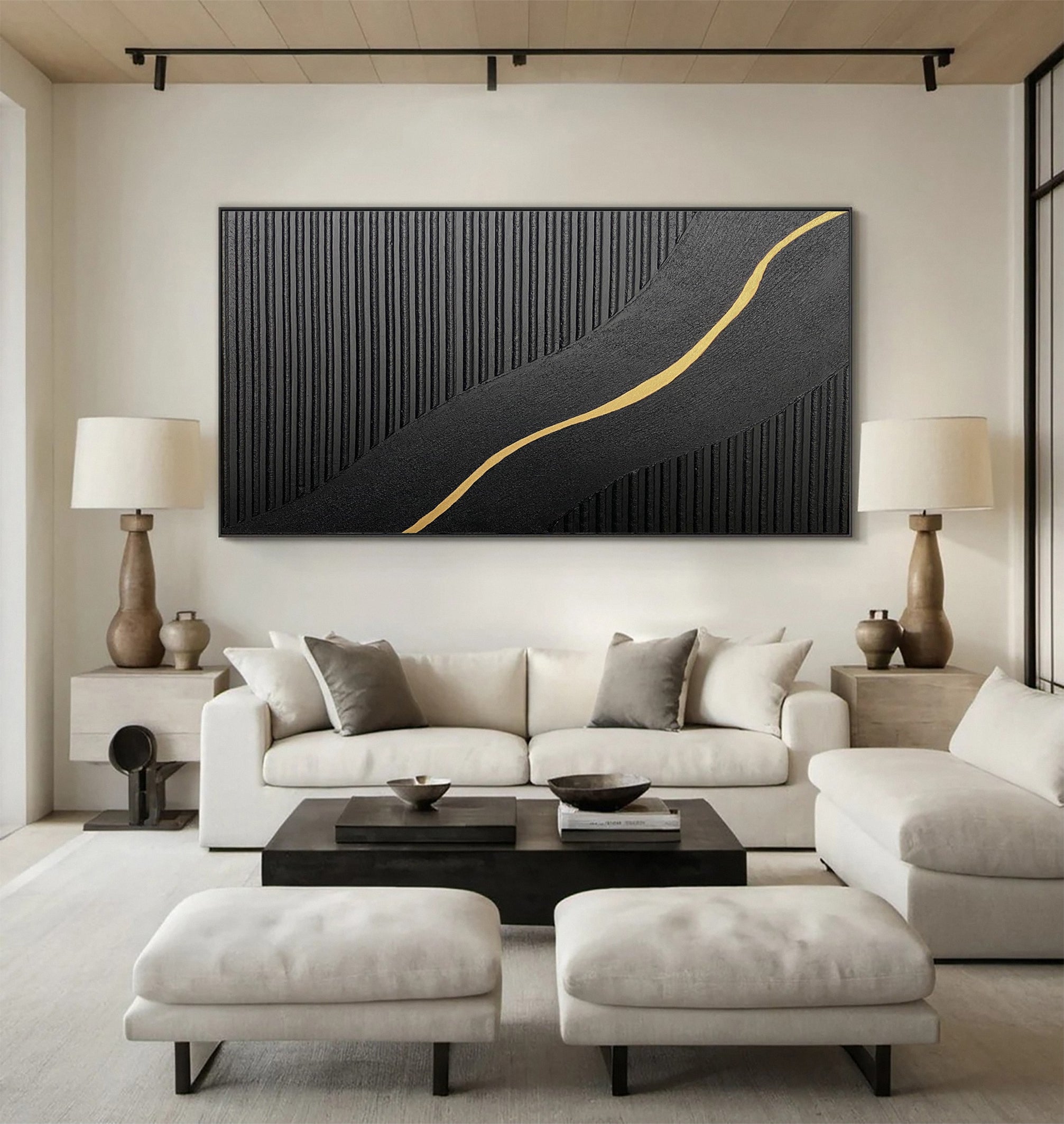 Diagonal Vein: Textured Black Abstract with Slanting Gold Inlay #MM592