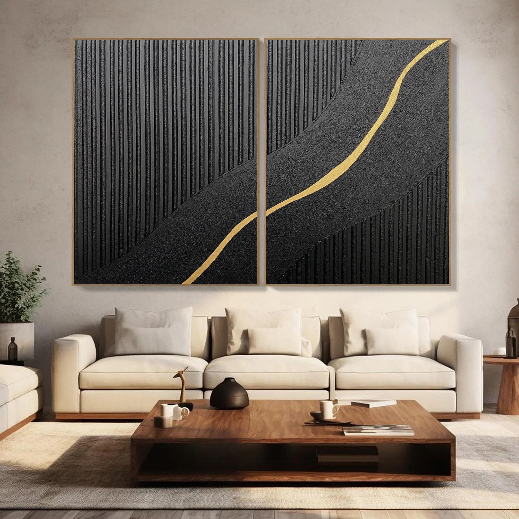 Contemporary Black Impasto Diptych with a Vein of Gold Unfolding #MM593