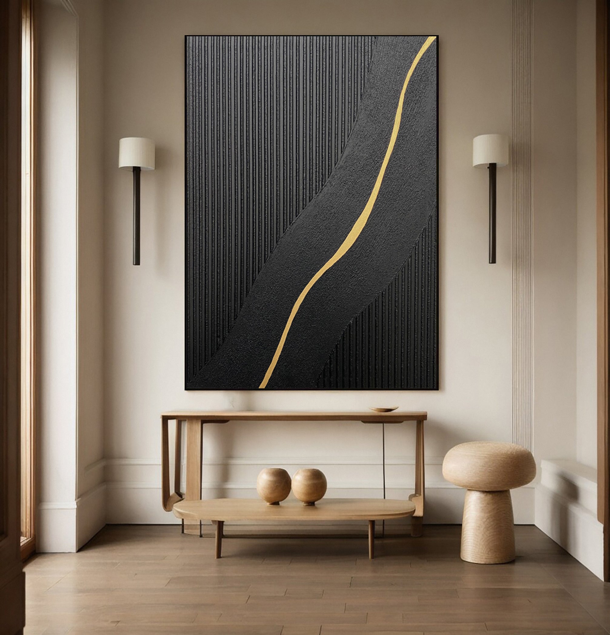 Modern Abstract with Textured Black and Luminous Gold Curve #MM591
