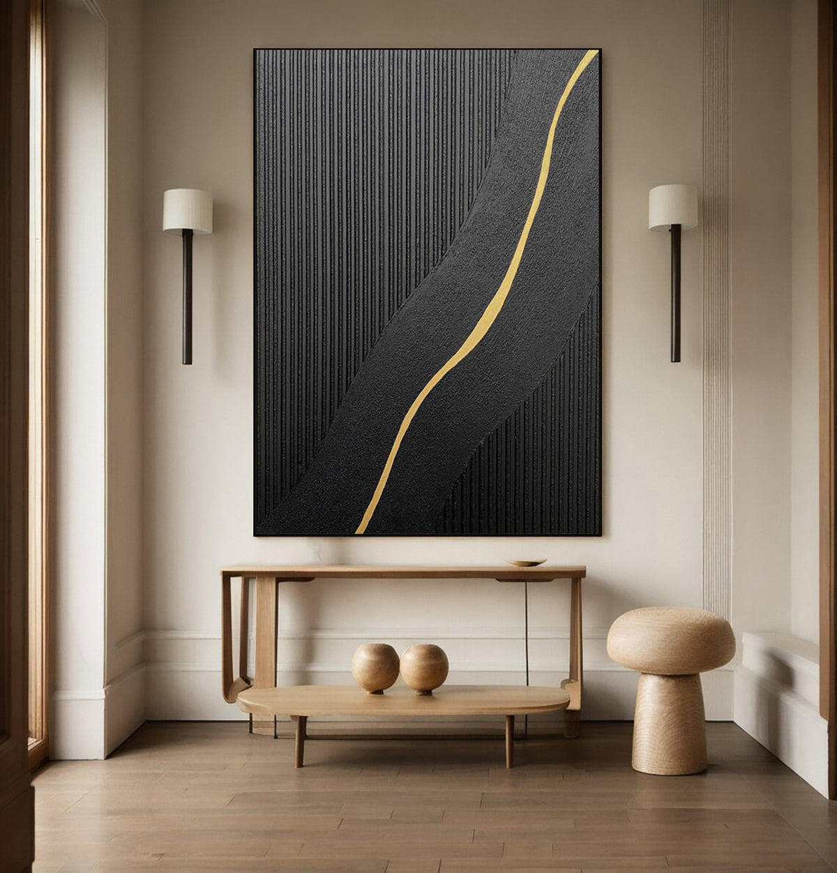 Modern Abstract with Textured Black and Luminous Gold Curve #MM591