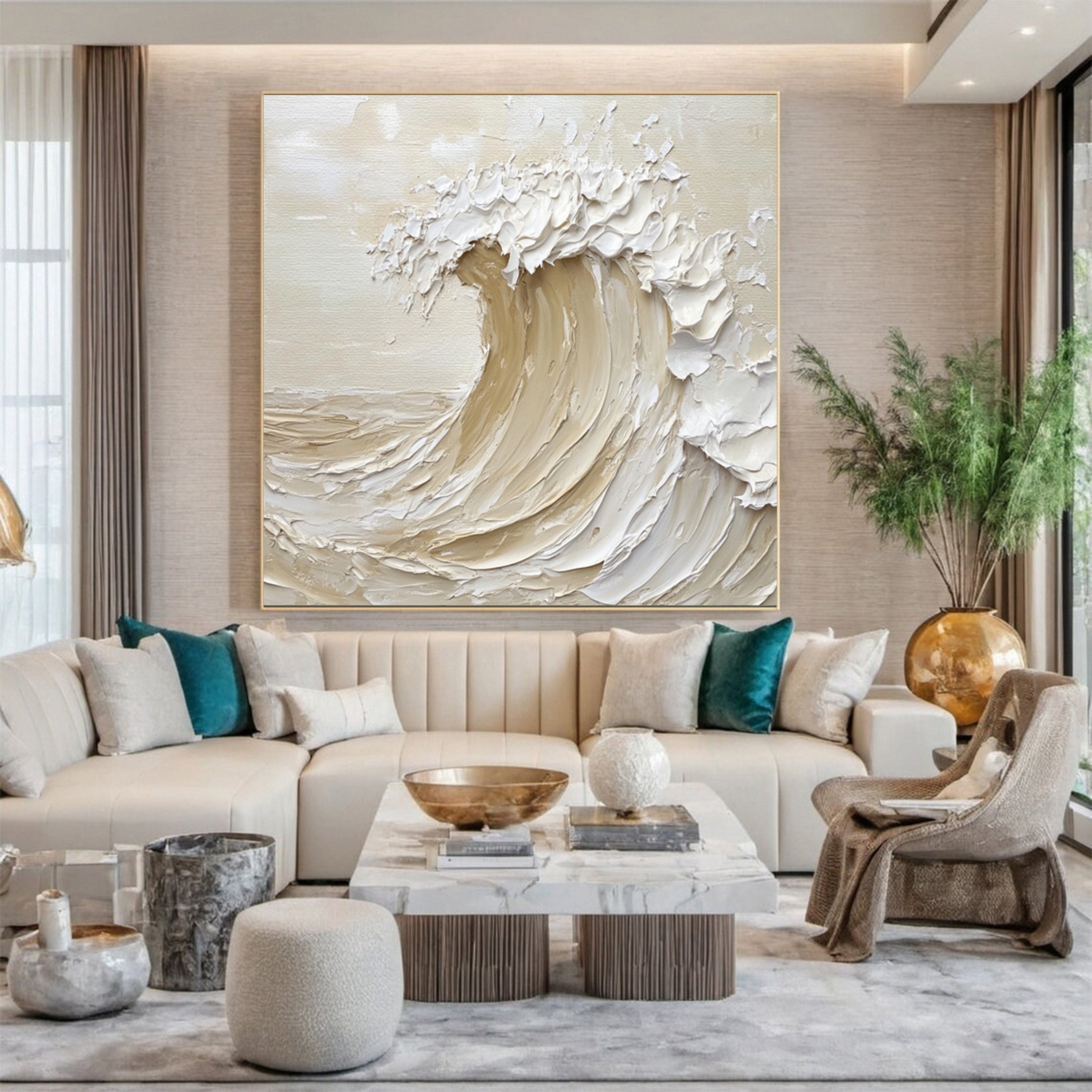 Handcrafted Neutral Wave Art Textured Coastal Canvas #OP046