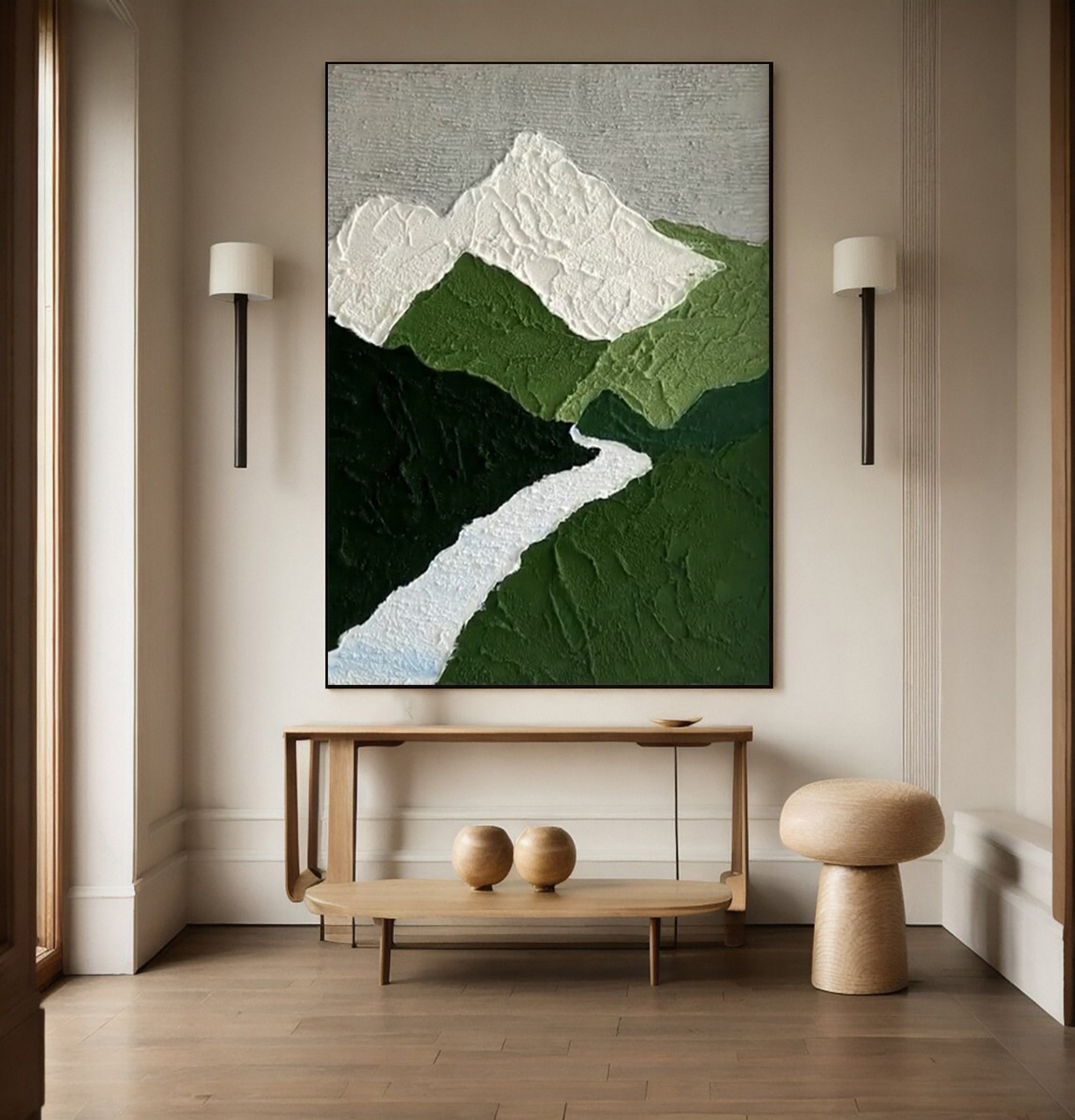 Textured Mountain River: Minimalist Landscape Art with Peaks #MM639