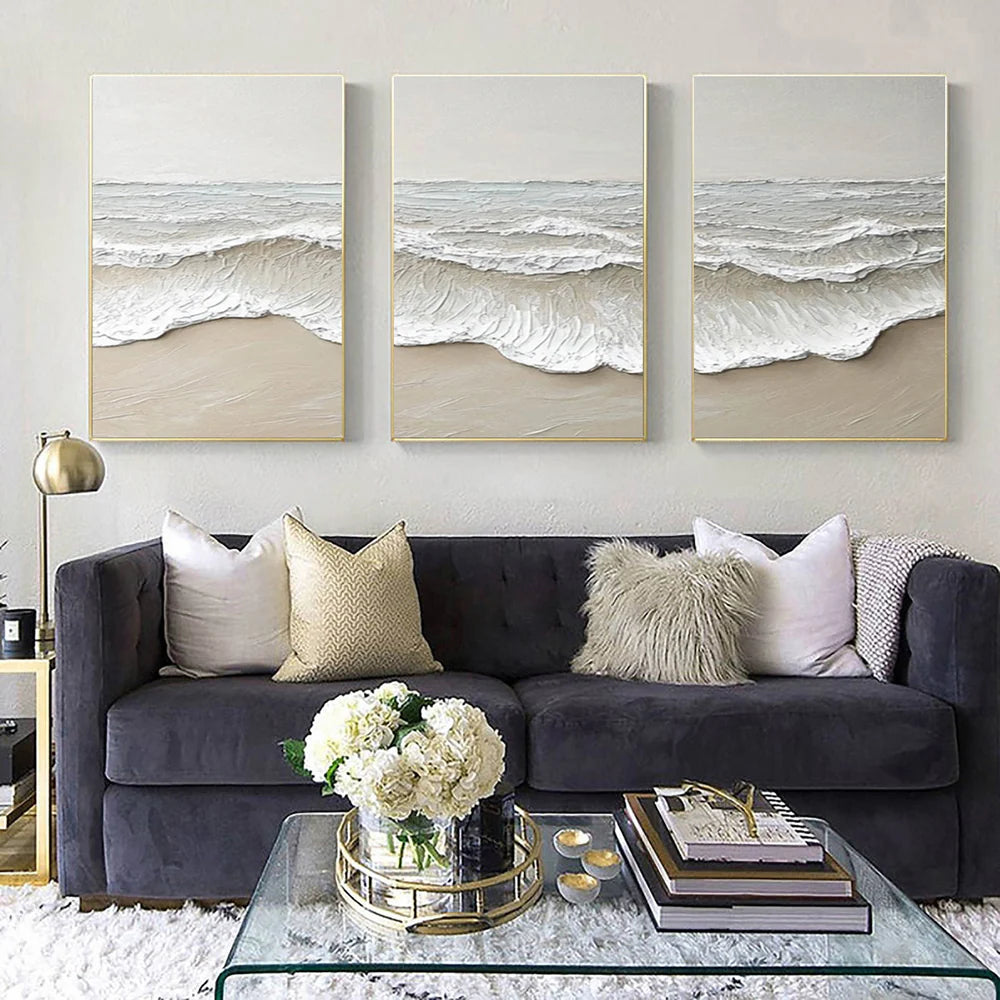 Large 3D Ocean Wave Canvas Art Neutral Modern Set of 3 #OPP 067