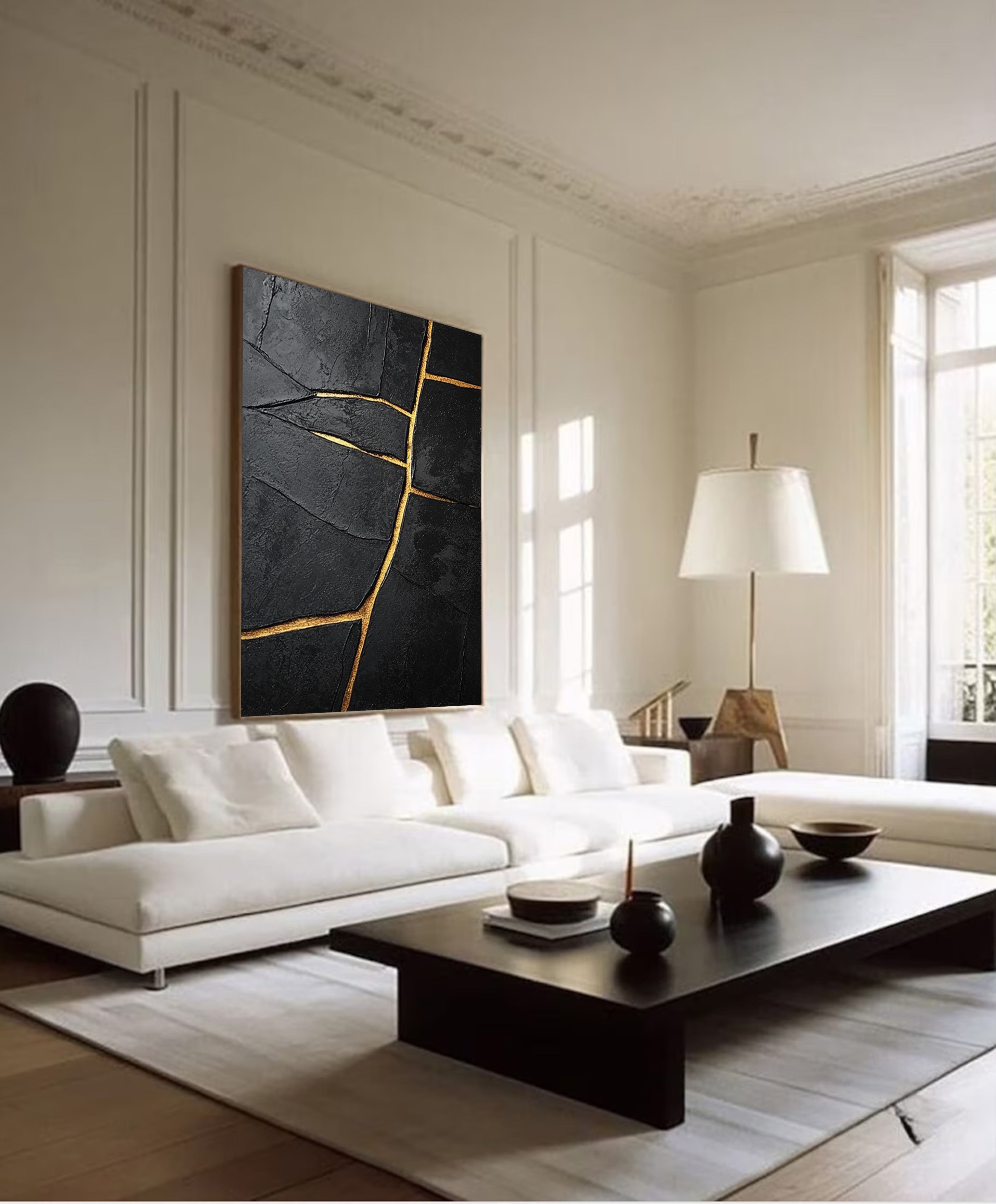 Gilded Divide:Textured Black Abstract with Linear Gold Inlays #MM550
