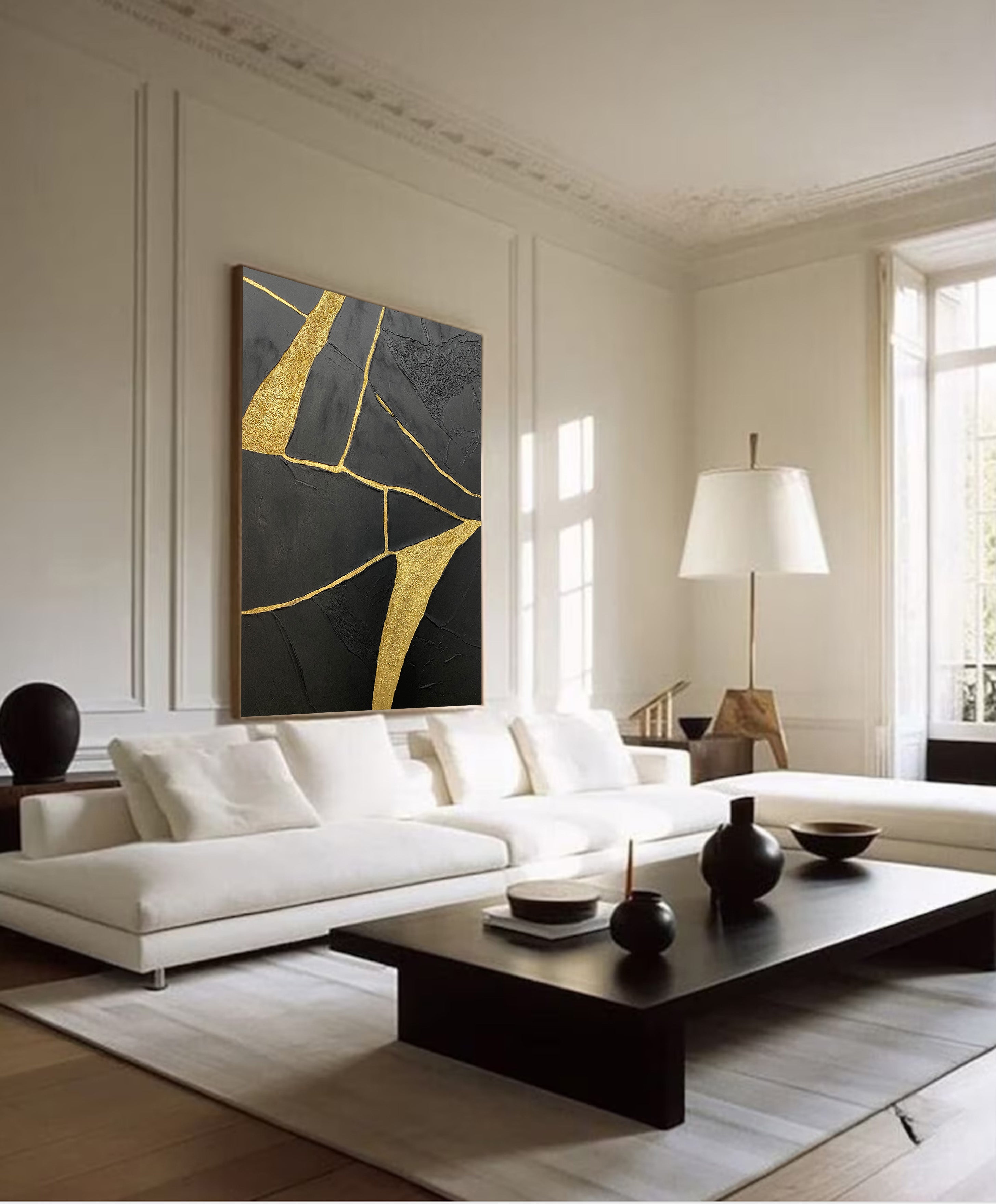 Gilded Fracture:Textured Black Abstract with Flowing Gold Lines #MM544