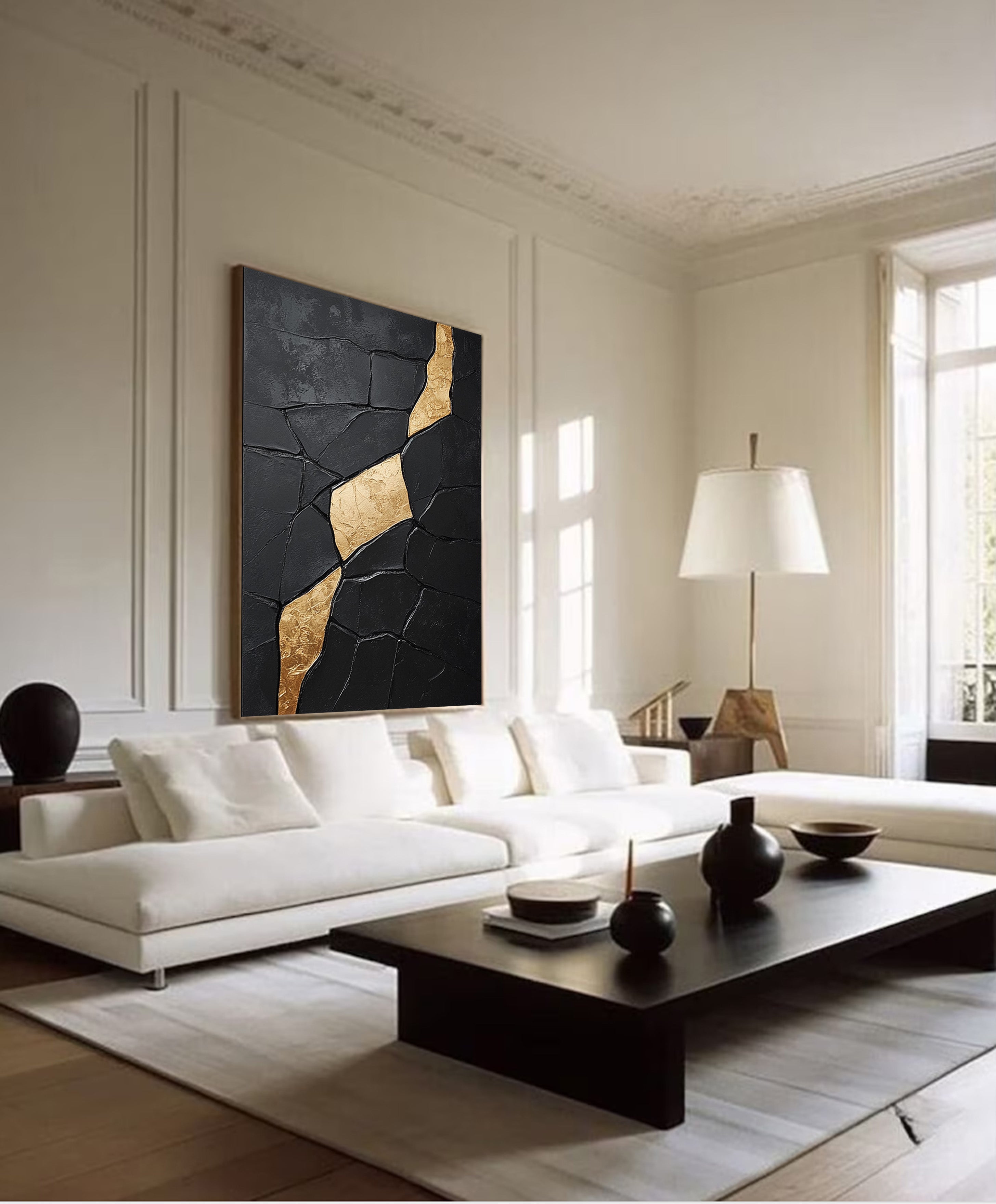 Gilded Incline: Textured Black Abstract with Diagonal Gold Vein #MM556