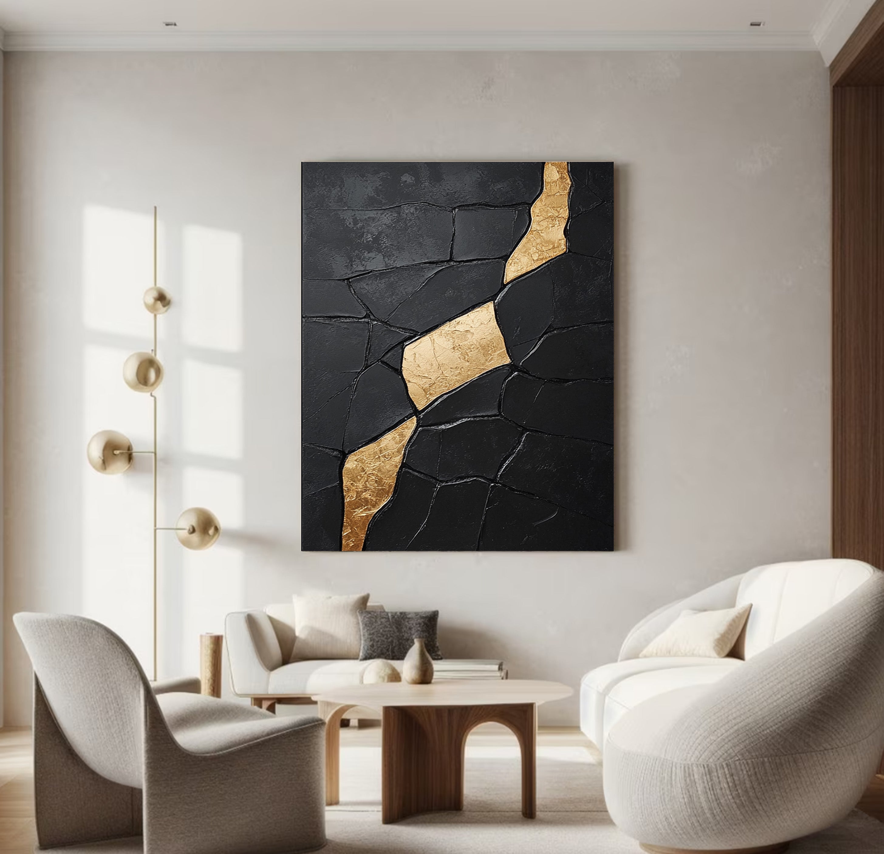 Gilded Incline: Textured Black Abstract with Diagonal Gold Vein #MM556