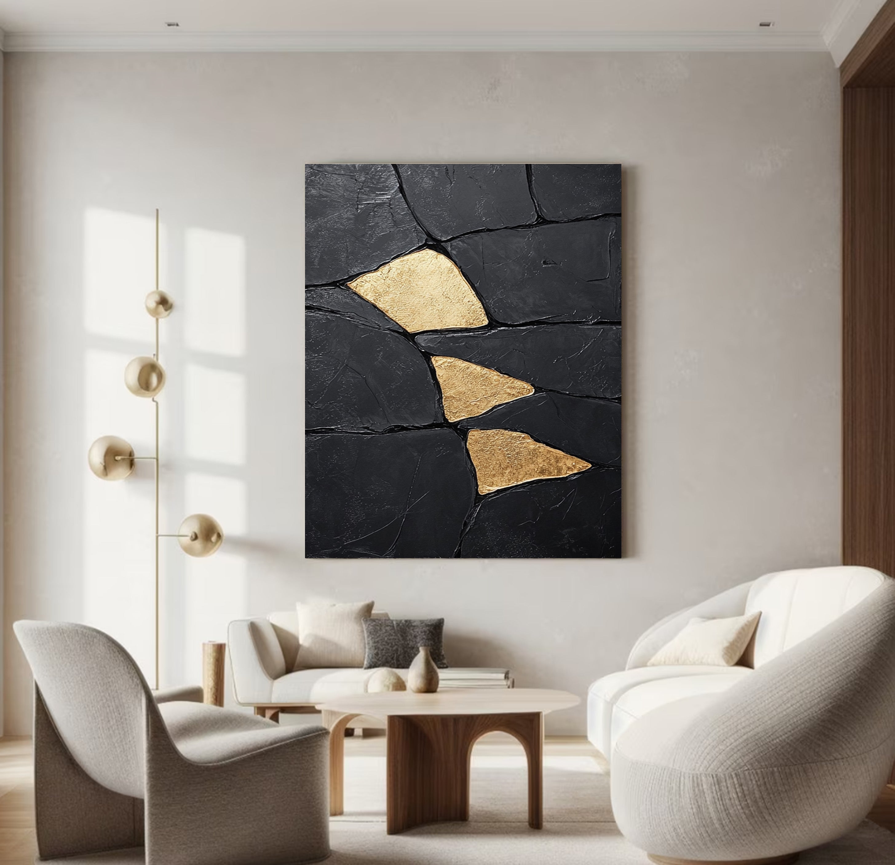 Gilded Shards: Heavily Textured Black Abstract with Gold Inlays #MM549