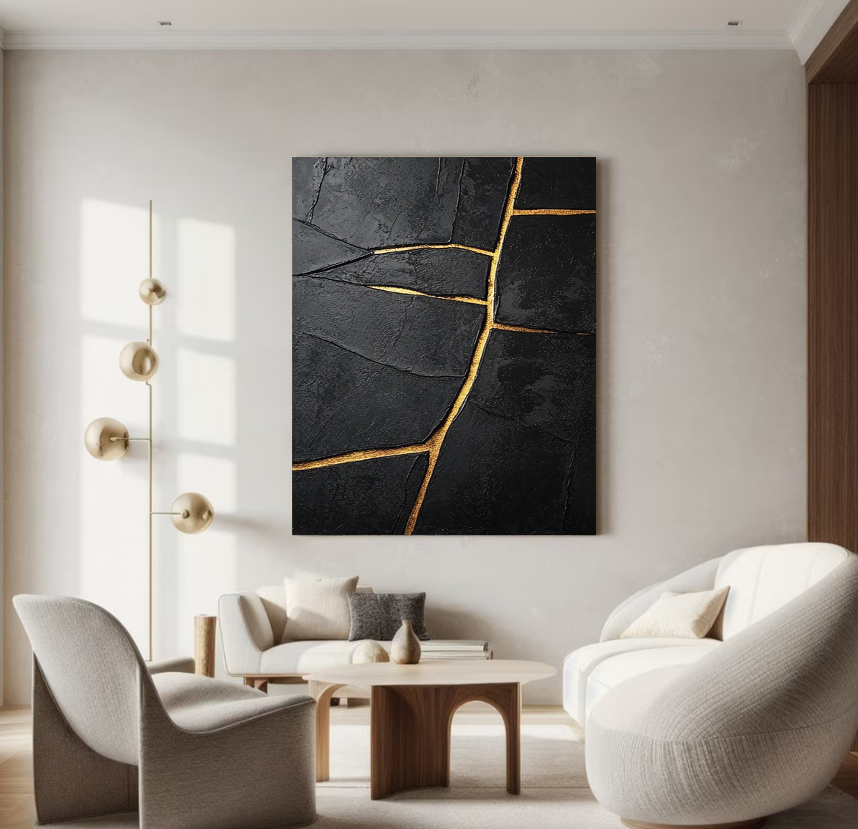 Gilded Divide:Textured Black Abstract with Linear Gold Inlays #MM550