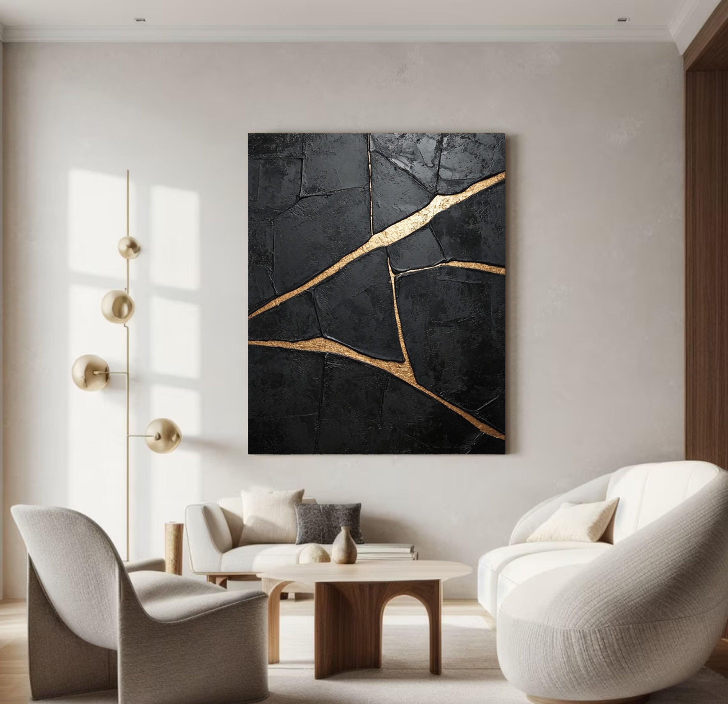 Molten Night: Textured Black Canvas with Flowing Bold Gold #MM546