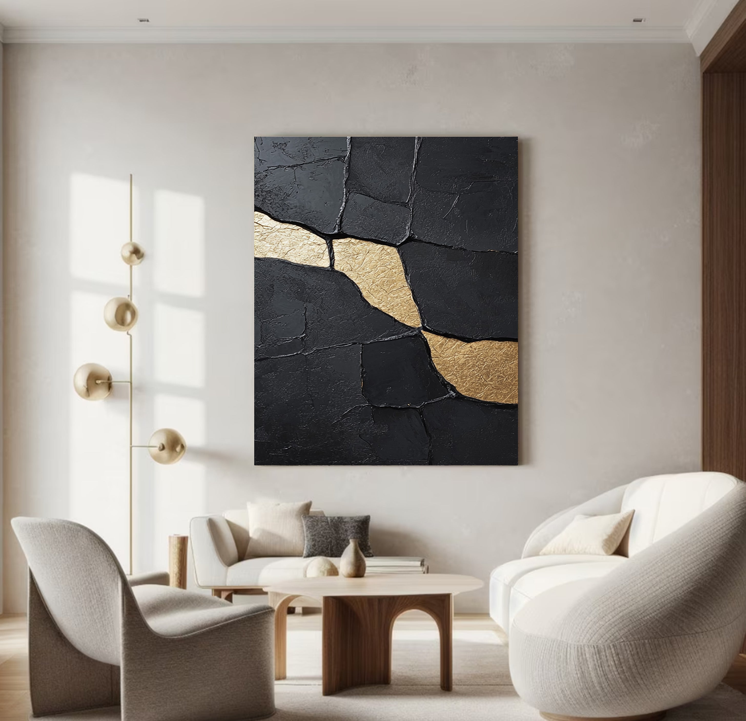Gilded Flow:Textured Black Abstract with Organic Gold Inlays #MM551