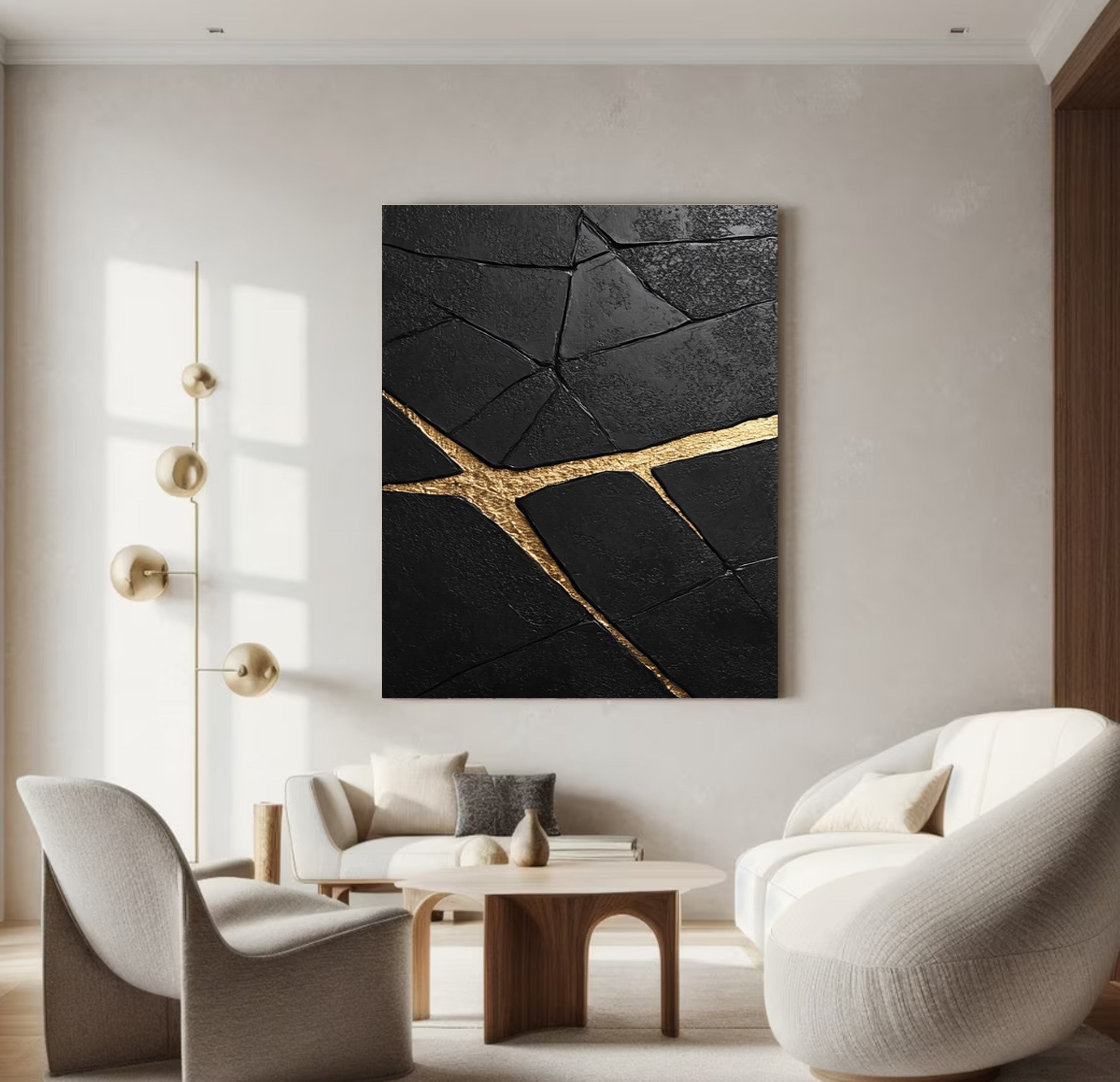 Gilded Cleft: Textured Black Abstract with Bold Gold Fissures #MM545