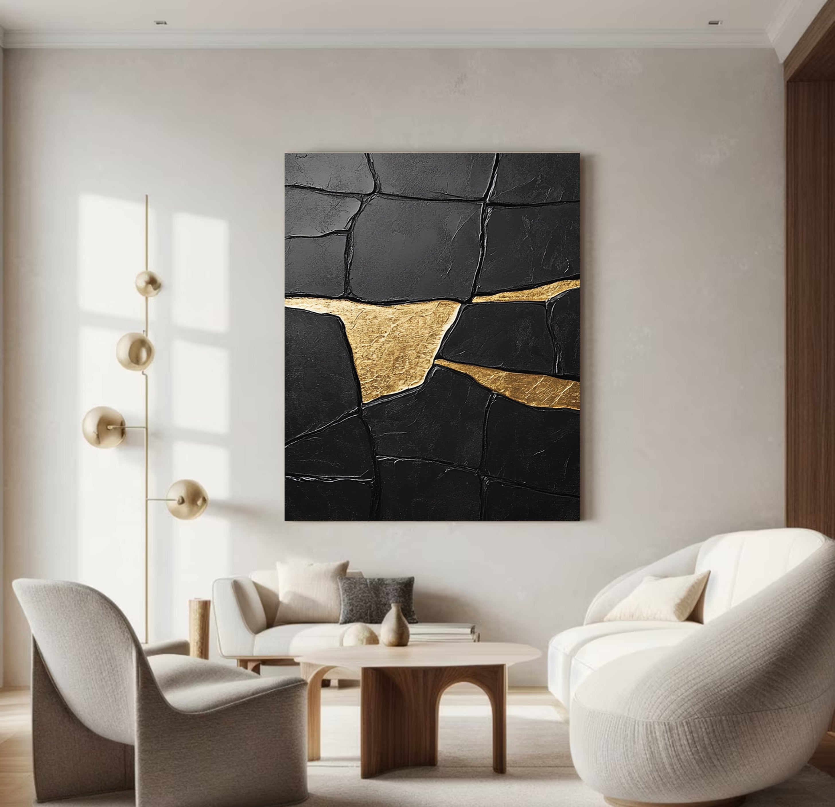 Noir Fragment: Heavily Textured Black Canvas with Gold Accents #MM548