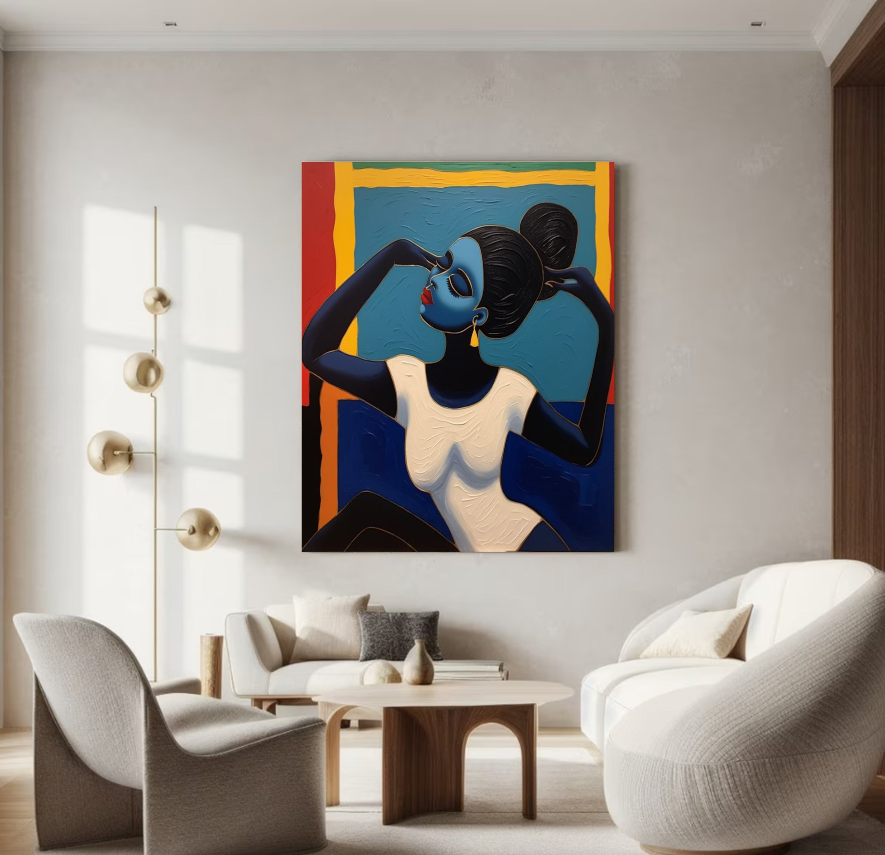 Geometric Grace: Stylized Figure Against Textured Color Shapes #MM542