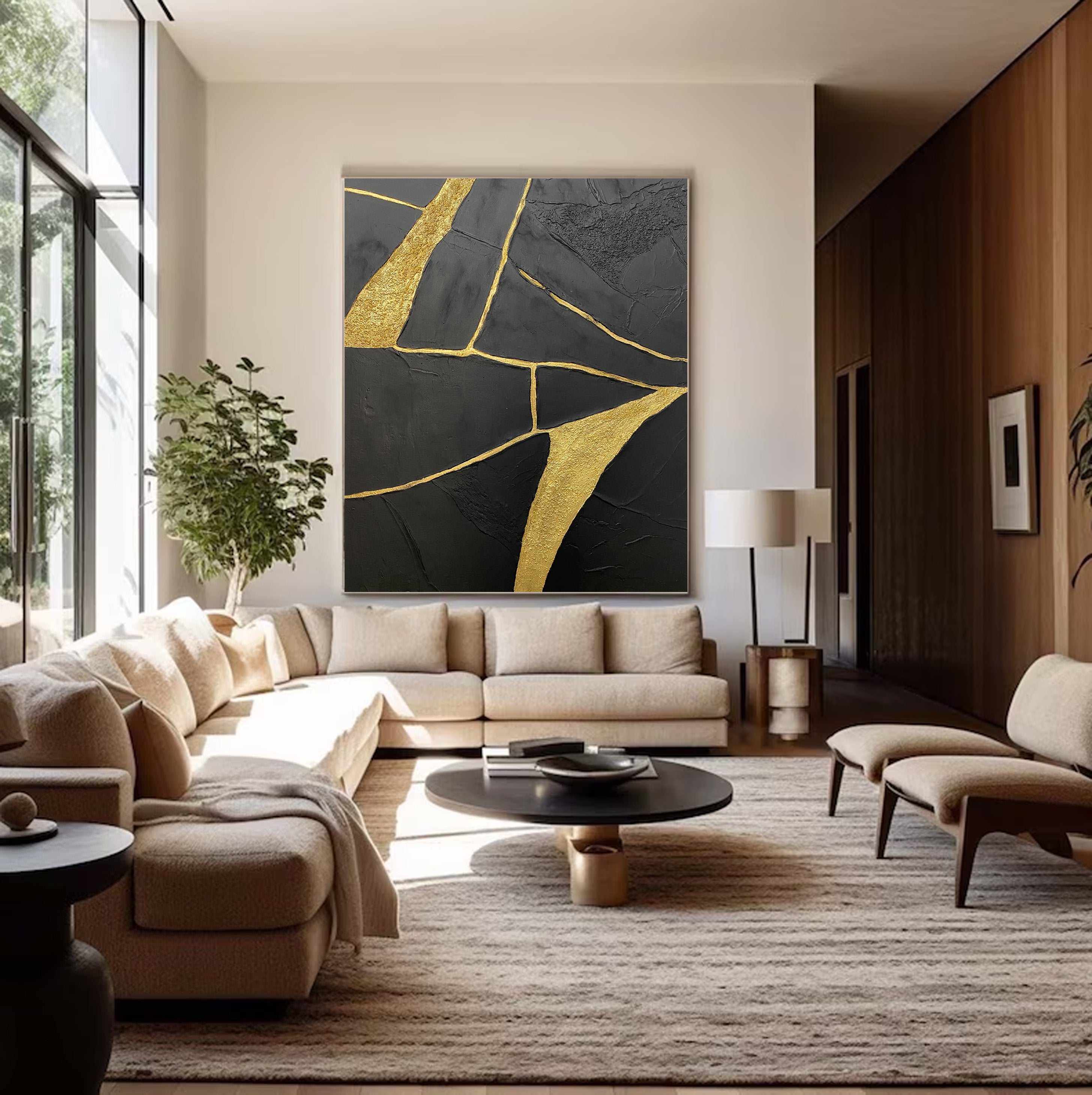Gilded Fracture:Textured Black Abstract with Flowing Gold Lines #MM544