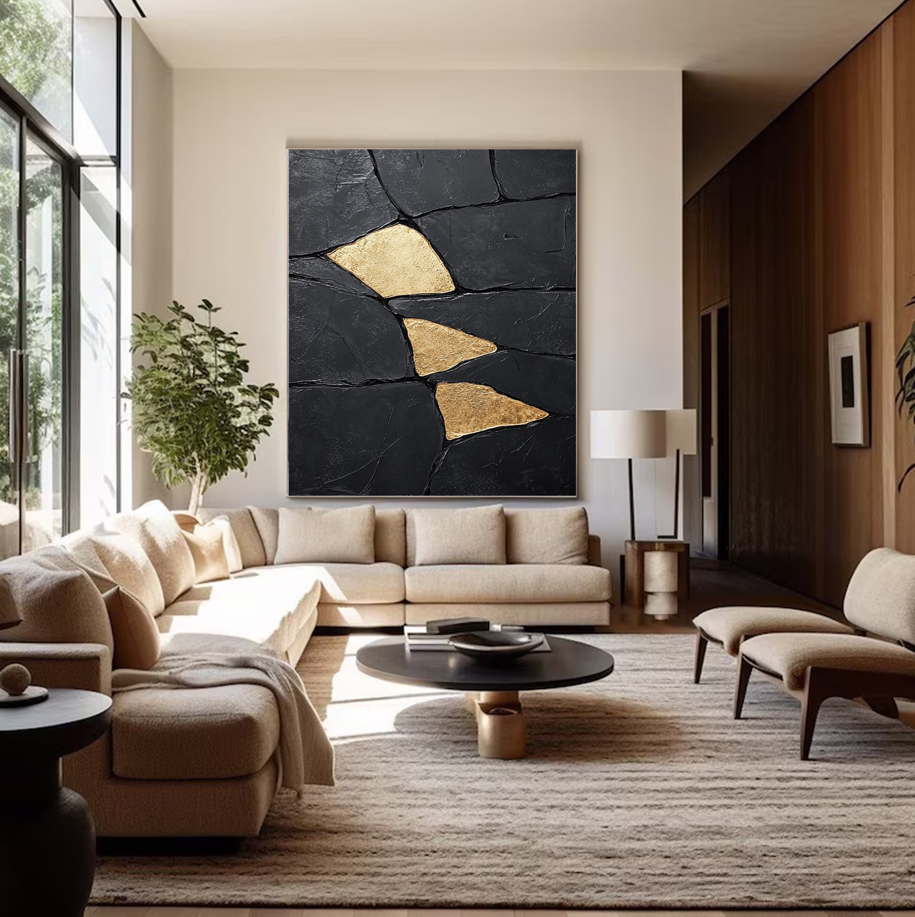Gilded Shards: Heavily Textured Black Abstract with Gold Inlays #MM549