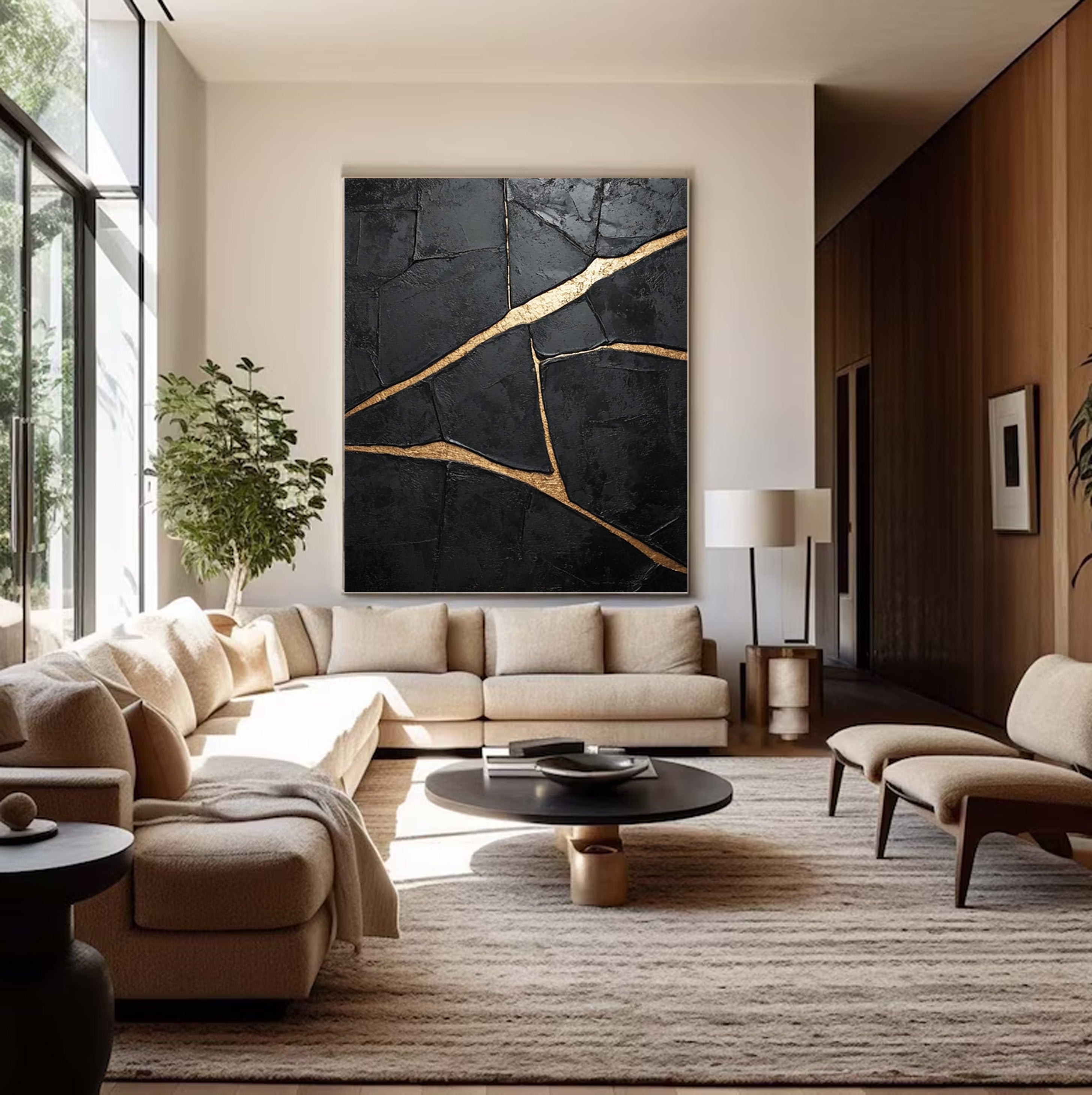 Molten Night: Textured Black Canvas with Flowing Bold Gold #MM546
