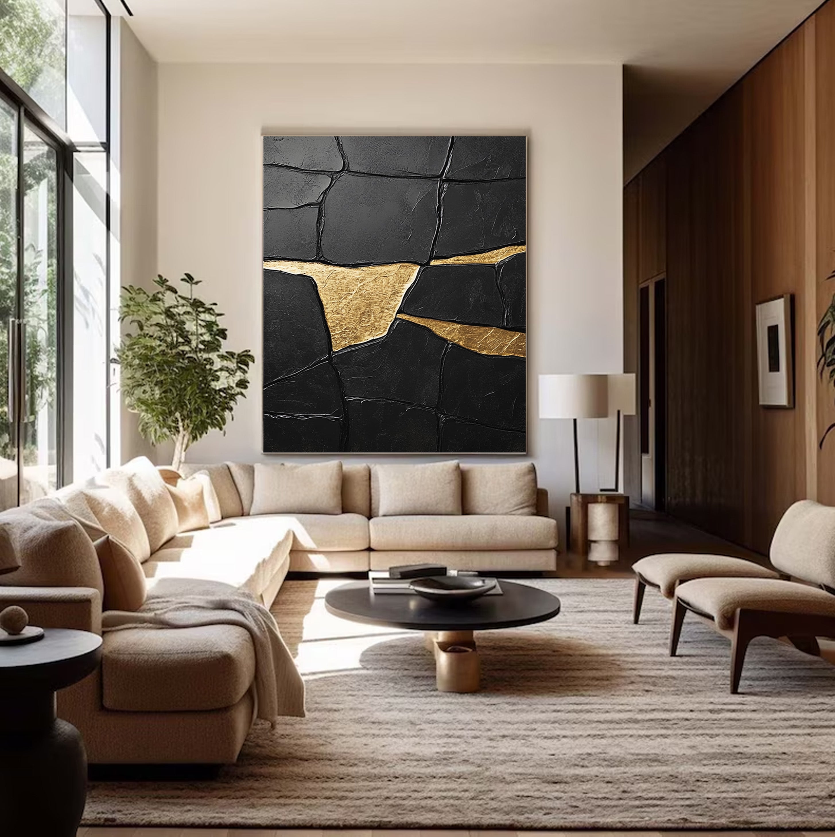 Noir Fragment: Heavily Textured Black Canvas with Gold Accents #MM548