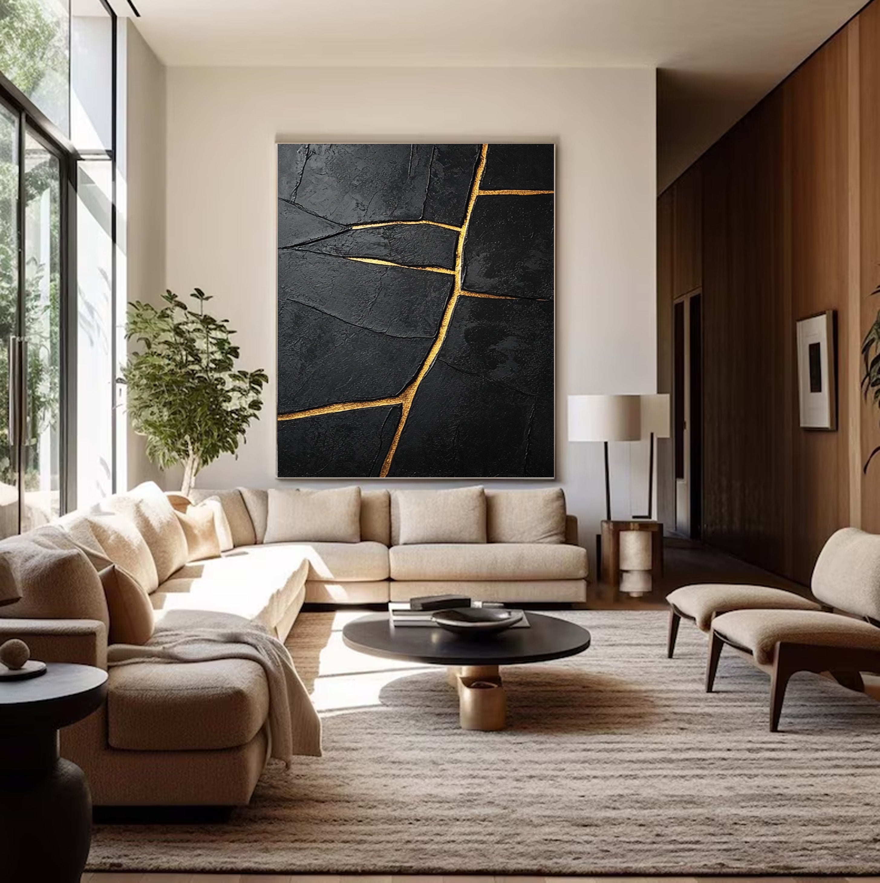 Gilded Divide:Textured Black Abstract with Linear Gold Inlays #MM550