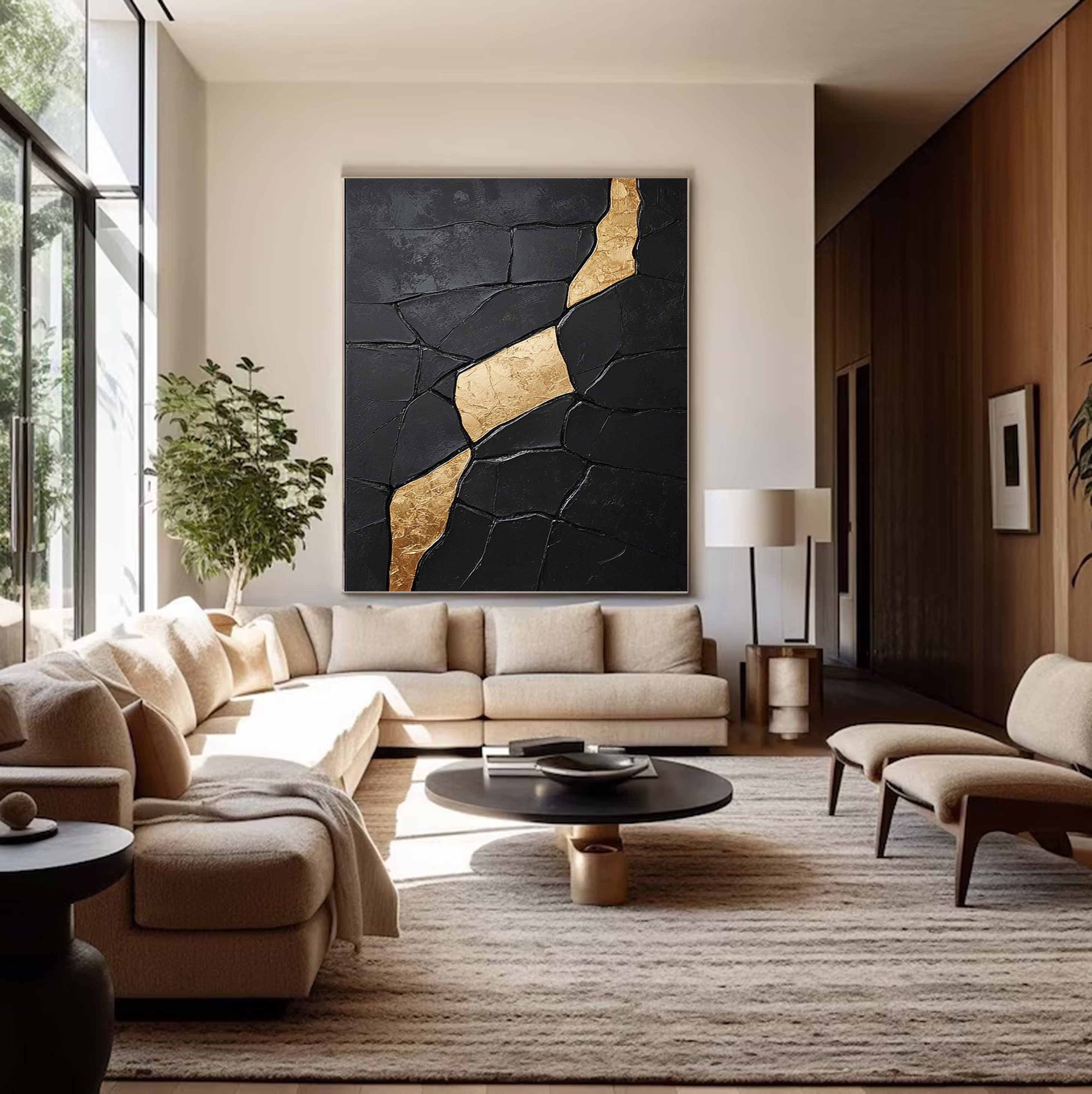 Gilded Incline: Textured Black Abstract with Diagonal Gold Vein #MM556