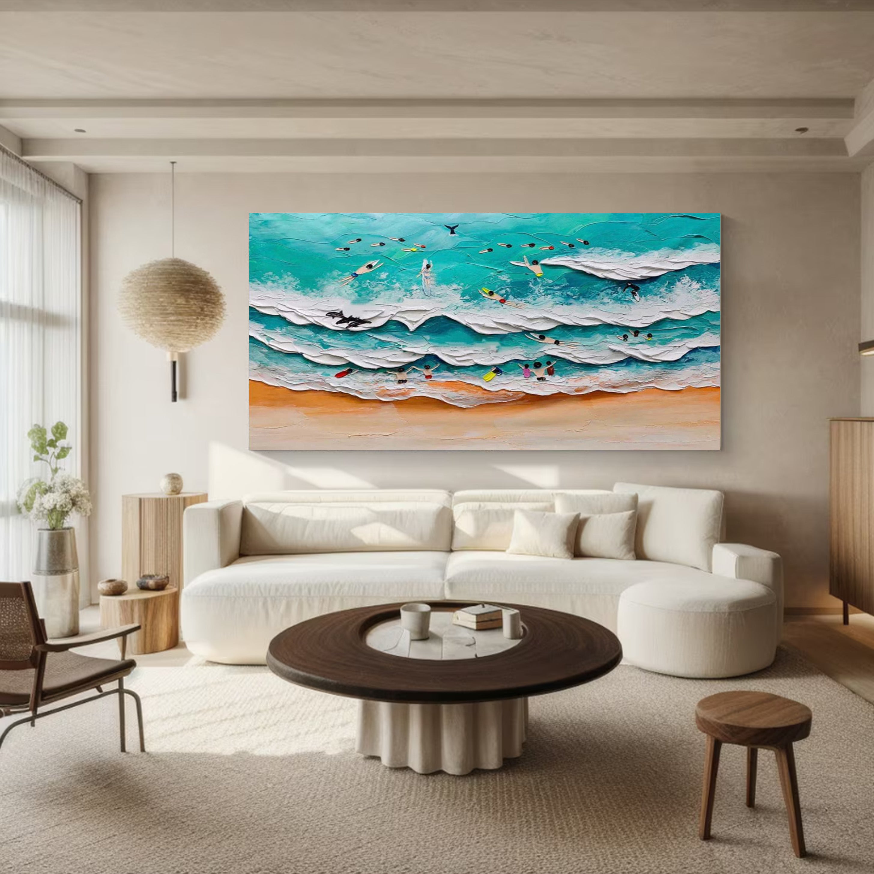 Coastal Thrills: Vibrant Textured Surfer Wall Painting #MM515