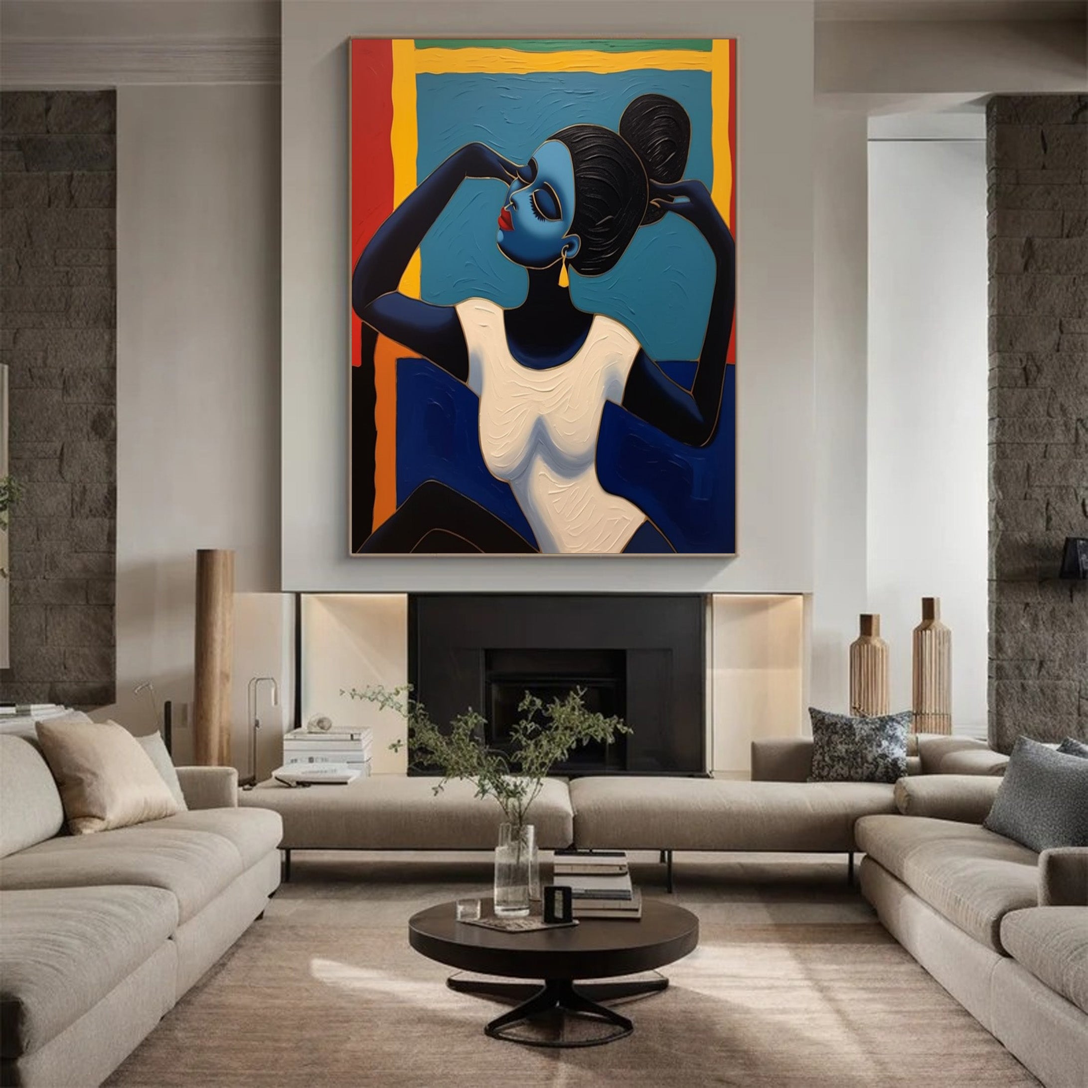 Geometric Grace: Stylized Figure Against Textured Color Shapes #MM542