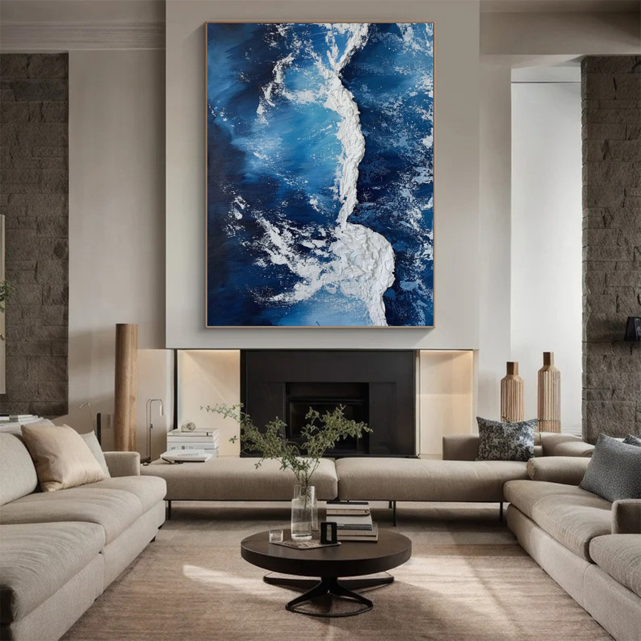 Aerial Tides: 3D Textured Ocean Waves, Blue and White Art #MM539