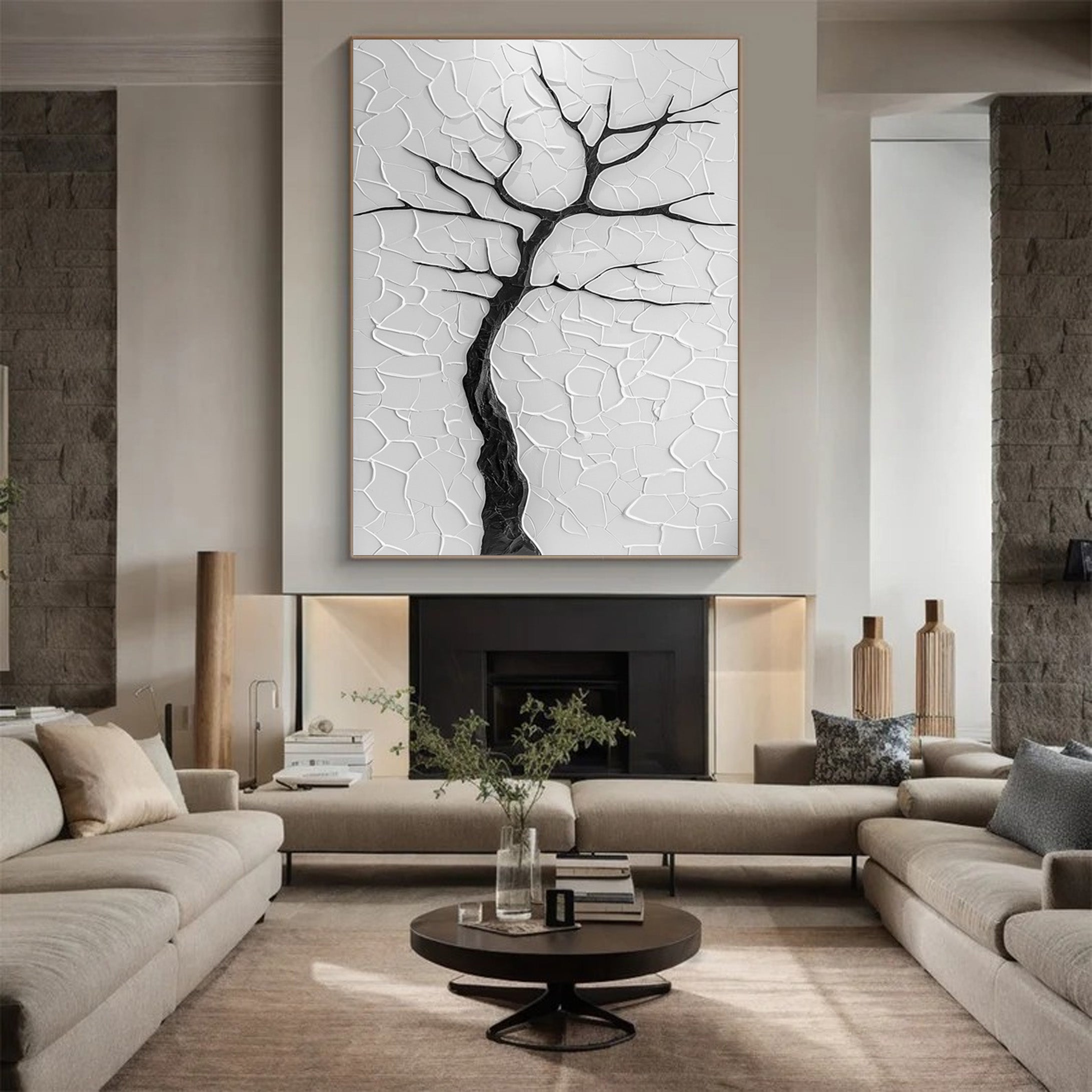 Winter's Embrace: Minimalist Black Tree on Textured White #MM567