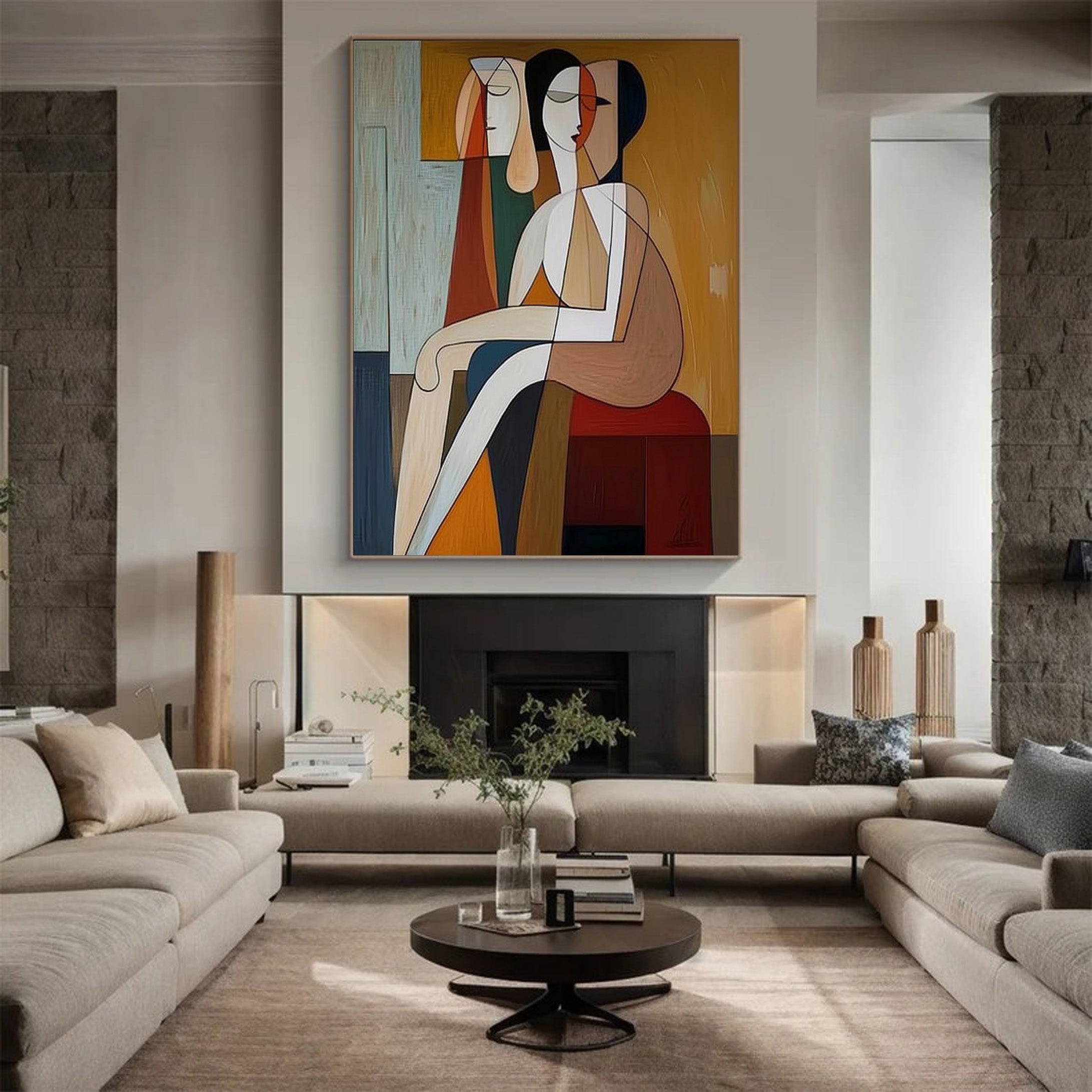 Geometric Encounter: Modern Stylized Figures, Warm Abstract Art #MM540