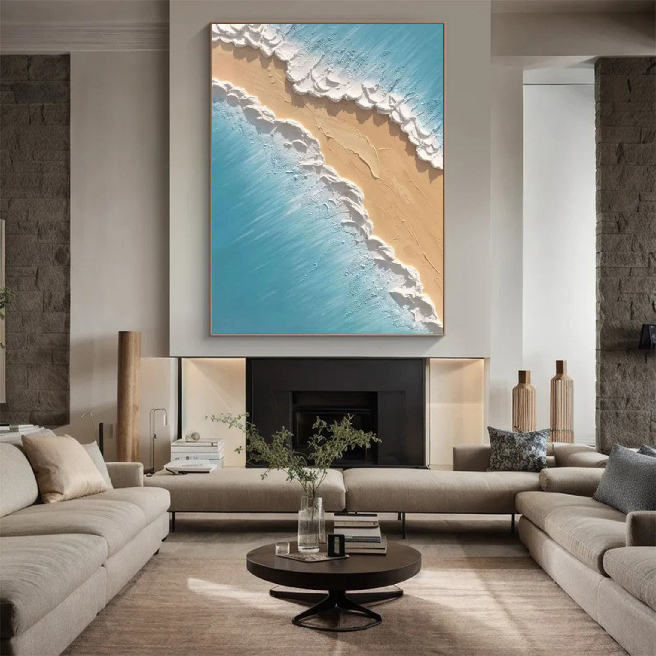 Where Azure Meets Gold: Textured Overhead Beach Wall Art #MM526
